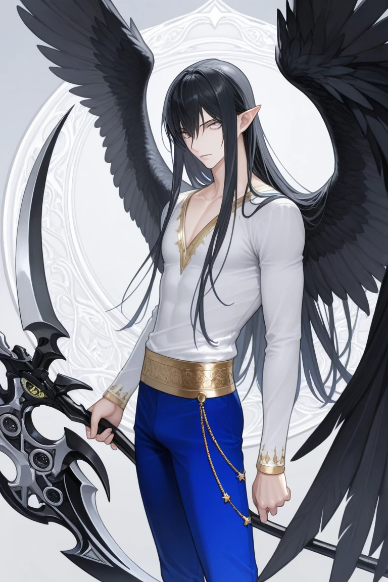 ((Masterpiece, Highest quality)), Male, boy, Detailed face, character design sheet, full bodyesbian, Full of details, frontal body view, back body view, Highly detailed, Depth, Many parts, angel wings, black hair, angel outfit, Muscle boy with black long hair bangs,handsome man, male angel , man tall, pectoral muscle, abs