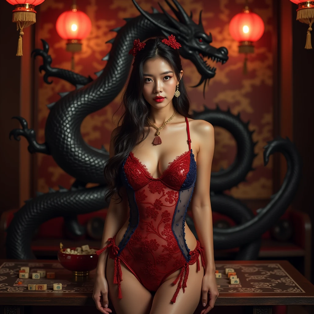 beautiful busty asian woman, jessica rabbit style, long flowing ruby red black gold dress, dragon tattoo, topless, nude, full body view, intricate detailed dress, beautiful detailed face, piercing eyes, lush full lips, flawless porcelain skin, elegant pose, dynamic movement, dramatic lighting, cinematic composition, digital art, hyperrealistic, 8k, high quality, photorealistic