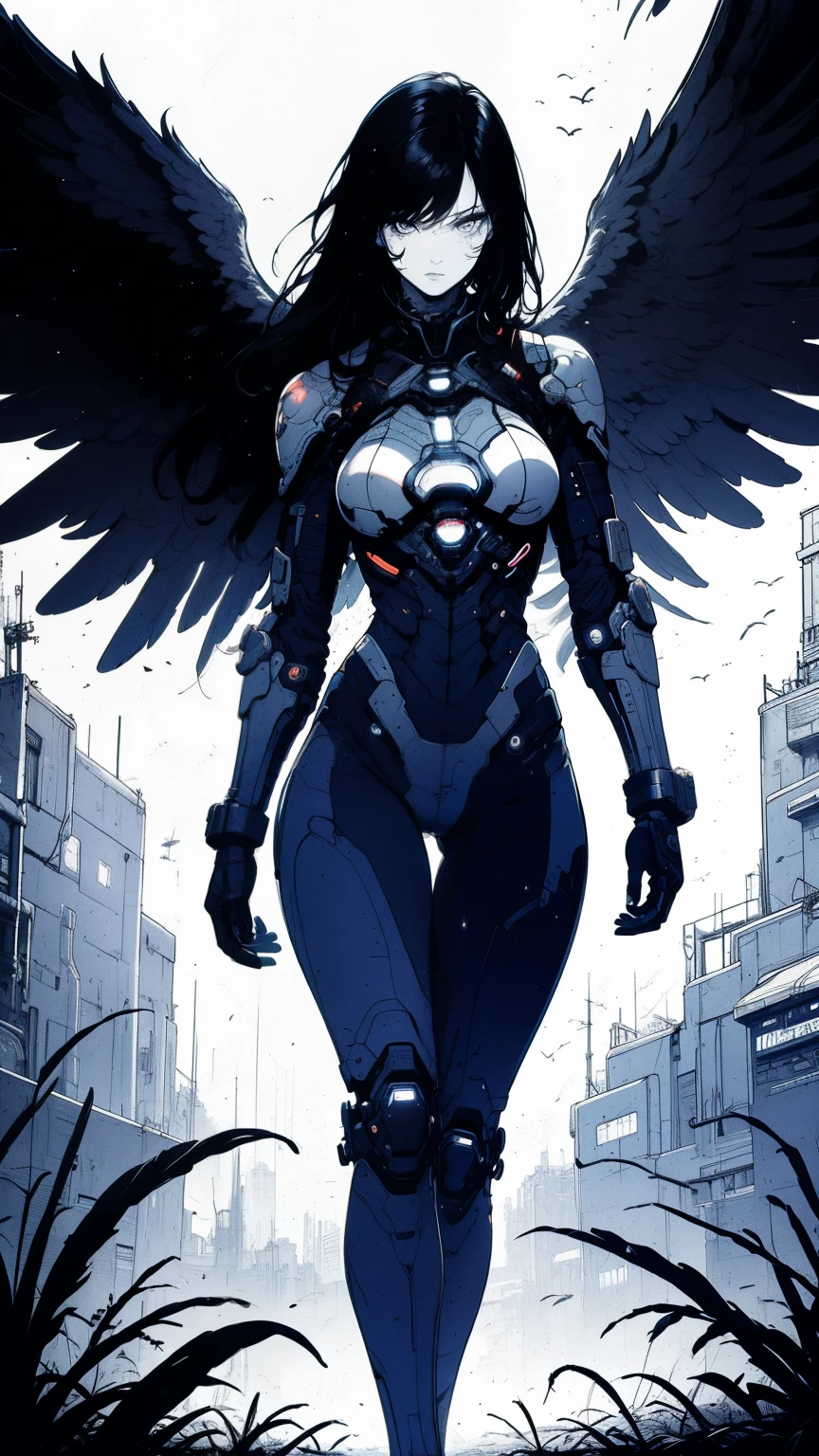 8k ((full body view:1.5)) (large eyes:1.3), defined cheekbones, 1woman, ((the pit style:1.4))((defined jawline:1.2)) ((sleek chrome bodysuit:1.6)) (detailed face:1.5), blue skin,(puffy lips:1.5) (blue skin:1.6), (bald woman:1.7), (skinhead) ((stands confident)),(Muscular:1.3), ((gigantic breasts:1.8)) ((front view:0.6)), )highly detailed, majestic, digital photography, art by artgerm and ruan jia and greg rutkowski, ((metal wings on back:1.4)), (masterpiece, sidelighting, intricate details, (((black color palette)))