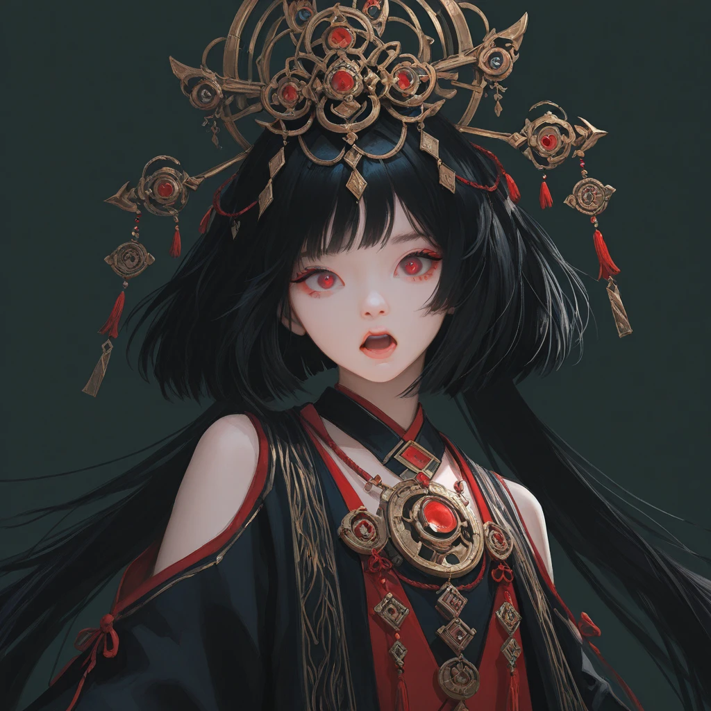 Art Illustration,Dark Style,(((1The princess wears a golden crown on her head - the eyeball decoration on the crown,Double braid,独奏,third eye on the forehead,big eyes,Dark eyeshadow))),(((Gorgeous Japanese red kimono:1.6,Eye Diagram,Dark Pattern))).(((Thin waist,Greenbelt:1.37)))whole body