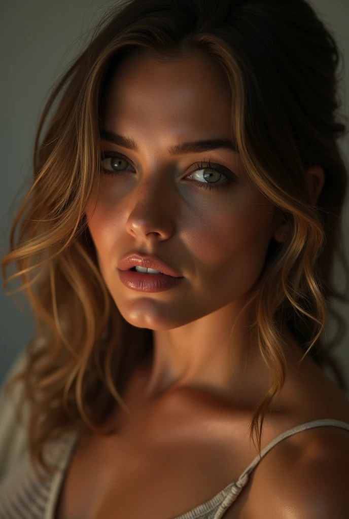 A stunning portrait of Anna, young and beautiful, hyper realistic, real portrait, backlit, exquisite features, cleavage, sexy, seductive