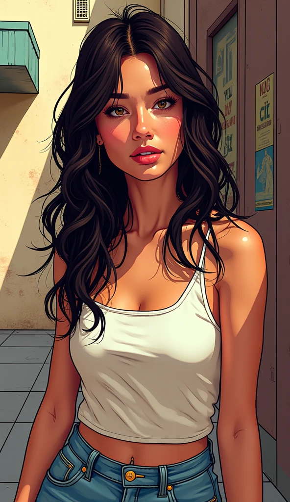 Latina woman, beautiful, big hair, split hair in middle, white shirt, ((gigantic breasts:1.5)), cleavage, detailed clothes, beauty mark, seductive eyes, puffy lips