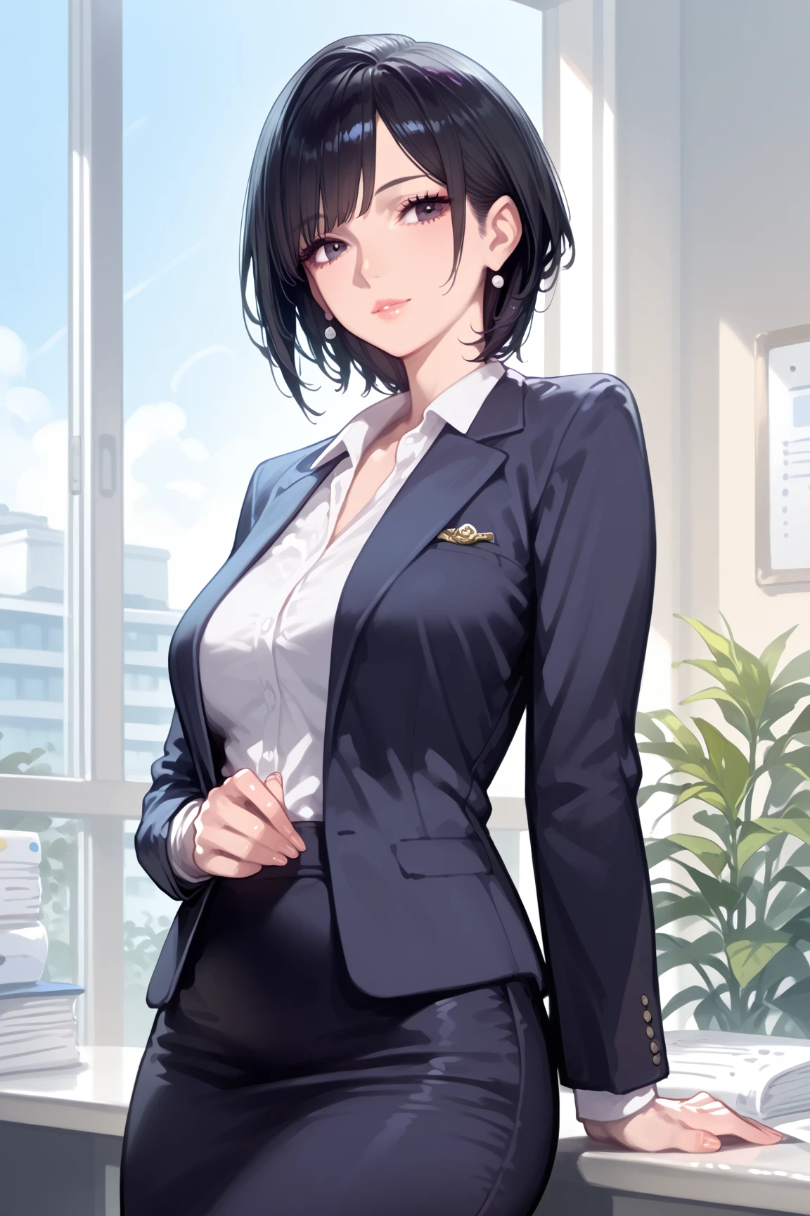 1 girl,Attractive office lady,28 years old, I let go of your lips, blush, Brown Hair,Medium Hair, smile, blazer,Open your shirt buttons up to your chest,Cleavage,Office Casual, Tight Skirt,Thin legs,Thighs,Hip, clavicle, Slender figure,Narrow waist,Beautiful expression right down to your fingertips, (masterpiece), wallpaper,
