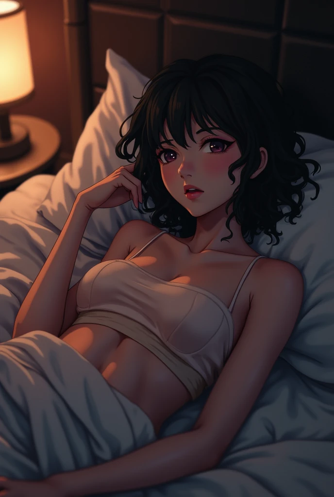 A curly haired girl in a bikini with a top lying on her bed crying anime
