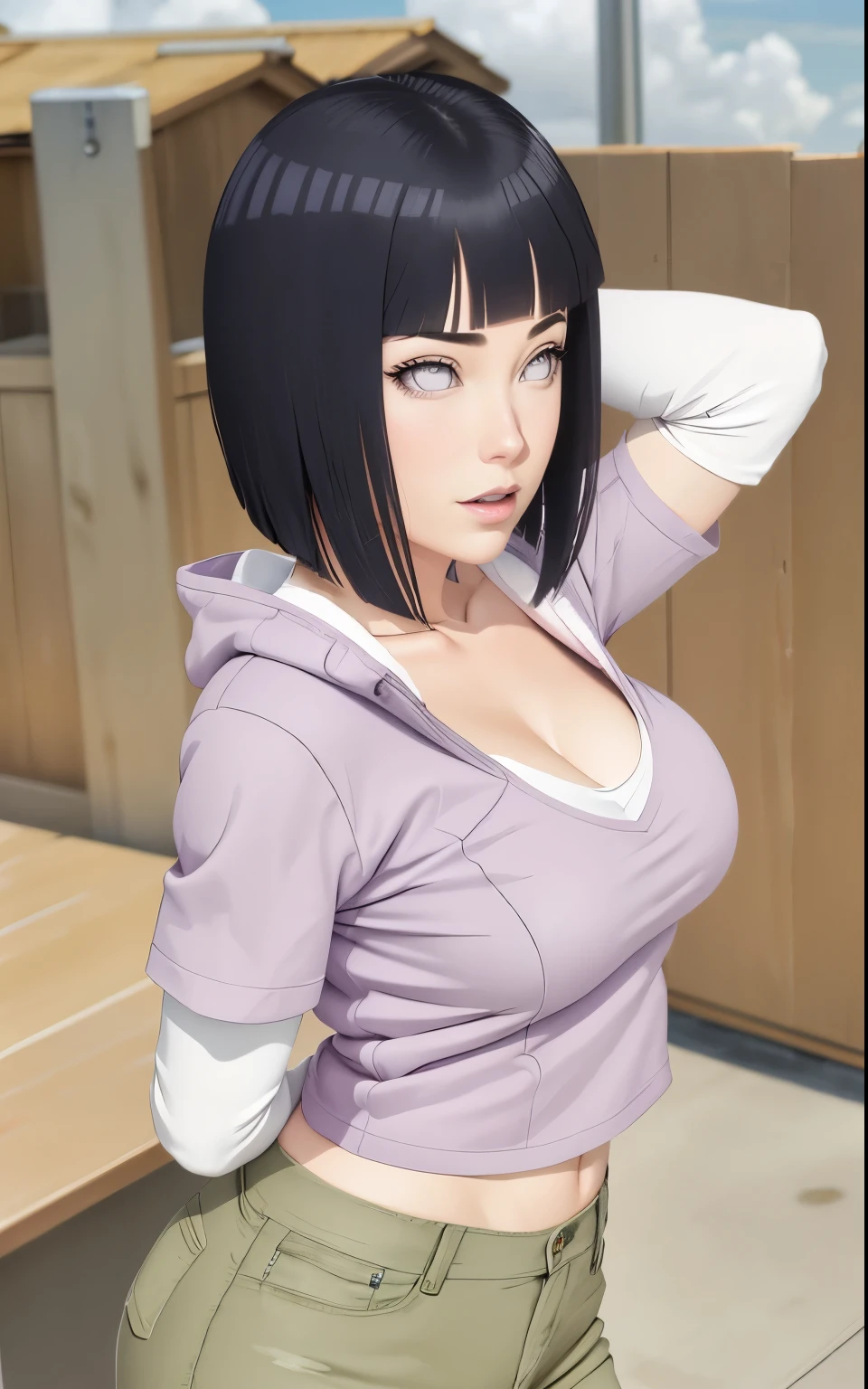 (best quality,4k,8k,highres,masterpiece:1.2),ultra-detailed,realistic,photorealistic:1.37,detailed eyes,beautiful detailed lips,pale.hinata hyuga wearing hoodie, layered sleeve, perfect figure, attractive rounded breasts, naughty smile, puffy lips, posing in sunshine, outdoor , purple layered hoodie, relaxed brown pants, attractive detailed eyes, fit waist, showing hip, ass show in bed, ass, taking selfie short hair