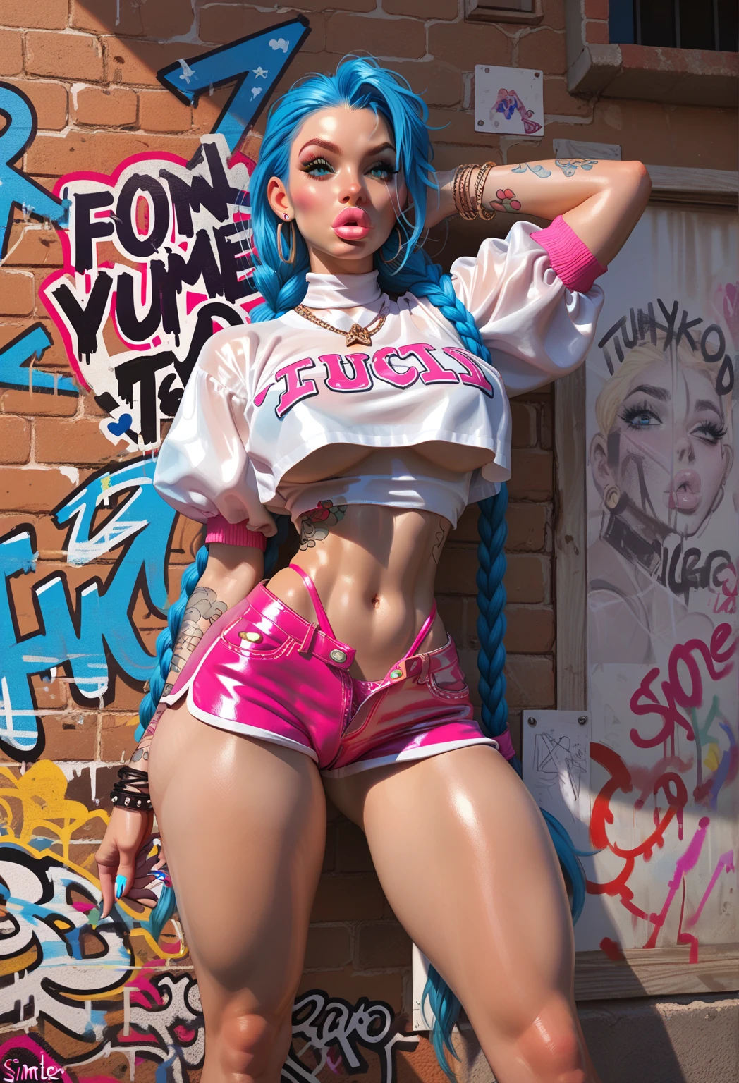 (Mejor calidad,4k,8K,high resolution,Obra maestra:1.2),femboy en minifalda con gran culo de burbuja,sexy,seguro,moda vanguardista,playful expression,hermosos ojos detallados,hermosos labios detallados,(long eyelashes:1.1),(Pelo RIZADO:1.1),(cabello peinado:1.1),(color de cabello vibrante:1.1),(tela aireada y ligera de minifalda:1.1),(piernas bien formadas:1.1),pose llamativa,fondo urbano con coloridos graffitis,estilo de arte pop,colores brillantes,Bright, vibrant lighting.