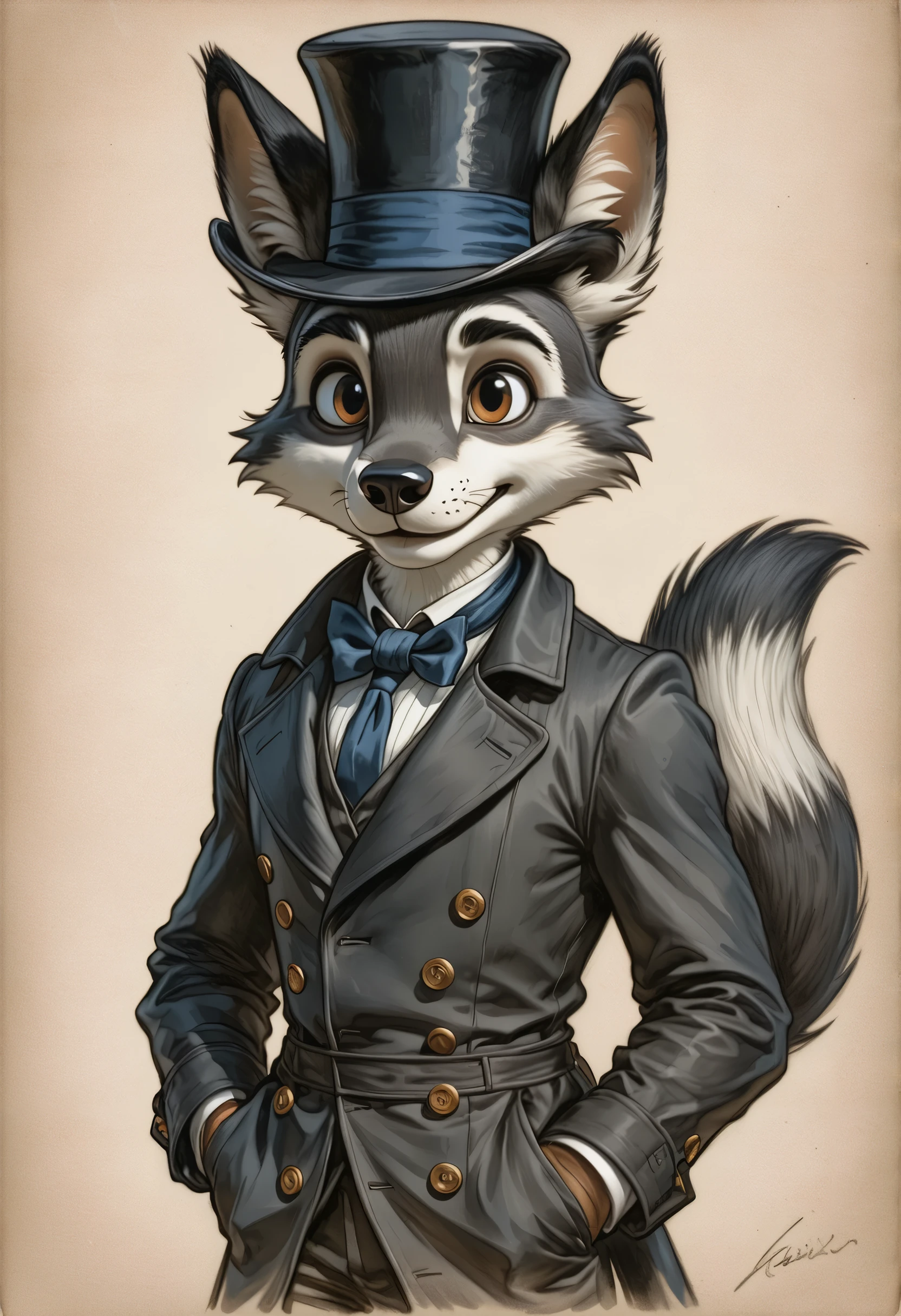 2-D art, cartoon style, old-school Disney, hand drawing, (best quality, masterpiece:1.2), side view, anthropomorphic, a black Fox with short hair, wearing long black coat and black cylinder hat, crime leader, 1890s style, noire, simple lines, looking to camera, serteuse look, big expressive eyes, (natural textile texture, soft light, sharp:1.2), (intricate details:1.1), bokeh