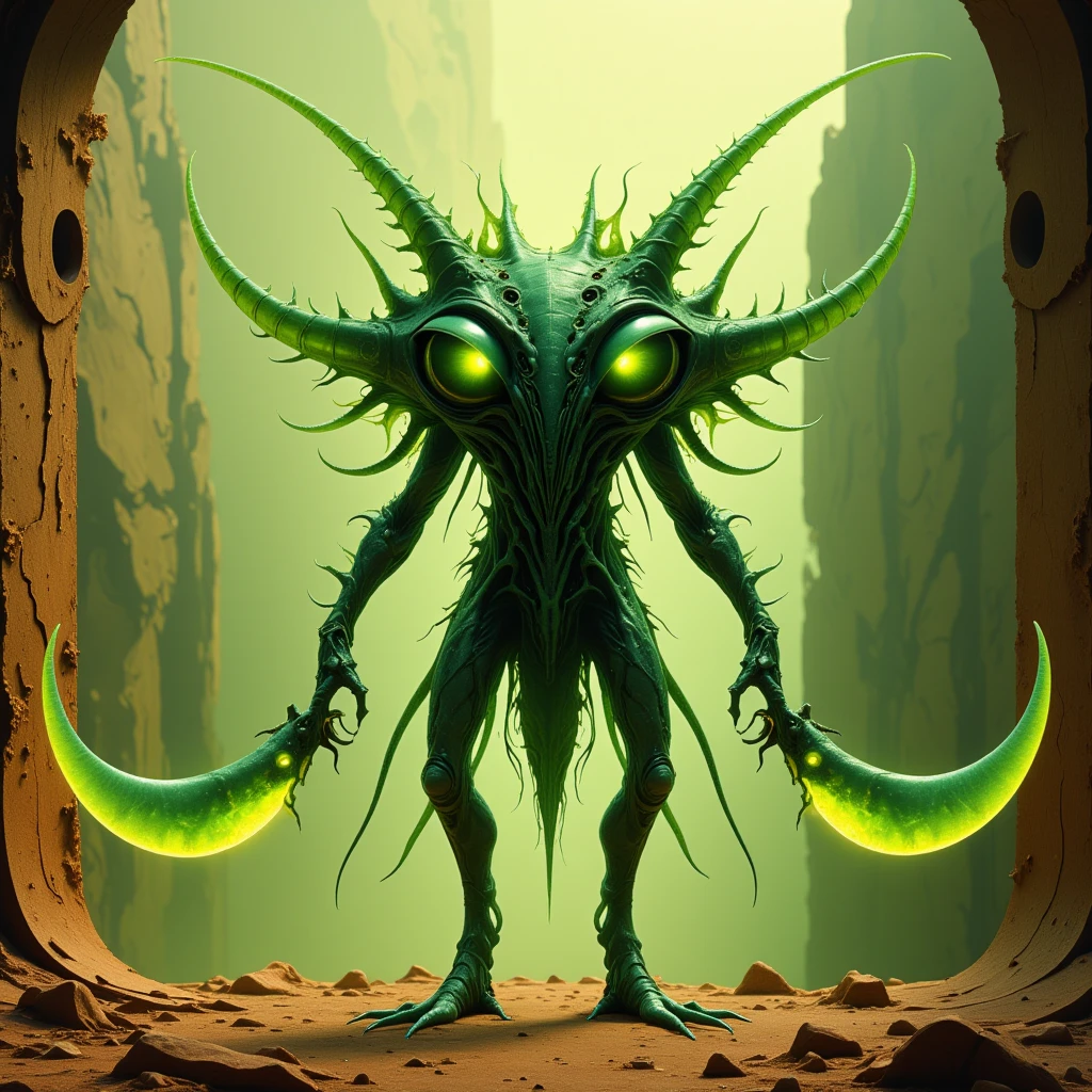 Blades with green light-tan green-yellow and red-brown color palette.

crtrftrCE style, creature