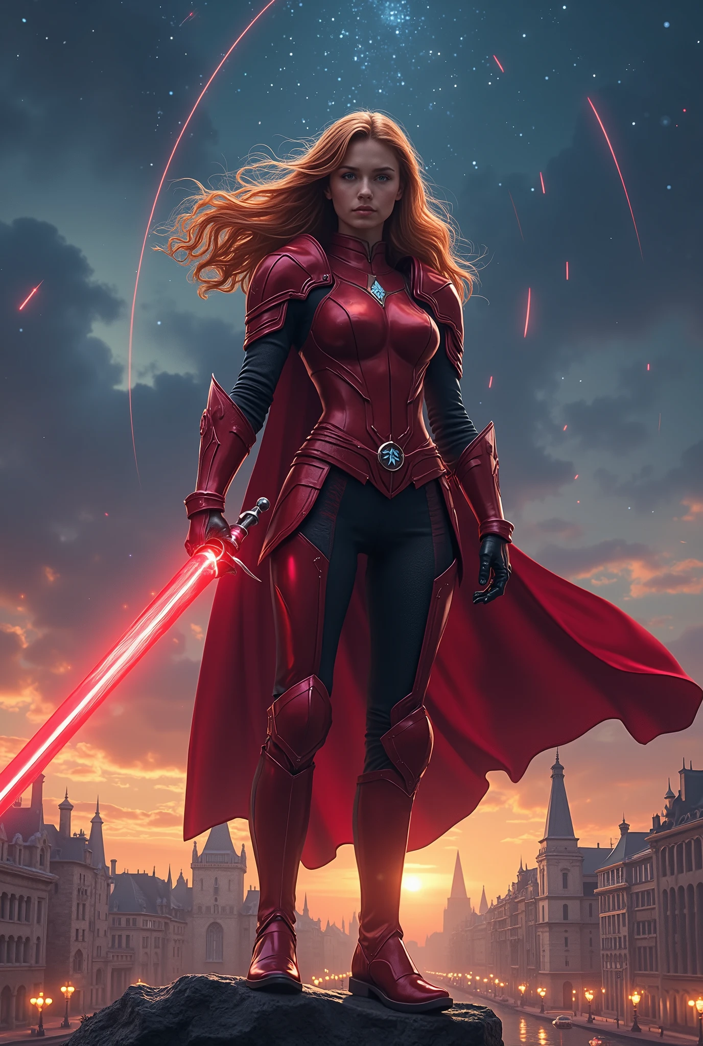 (Representative works、4K resolution、Super Real、very detailed)、(『Knight of the Constellation』theme、Charisma、The Girl at the Top of the City、Sagittarius Knight in Red Armor and Black Outfit、She's a Superhuman Hero)、((20 years old)、(Long chestnut hair :1.2)、full body、(Knight Costume)、( battle pose)、 Shoot Her Powers )、(( European Urban Environment ):0.8)|(cityscape、 night view、 DYNAMIC LIGHT )、(Meteor Shower))