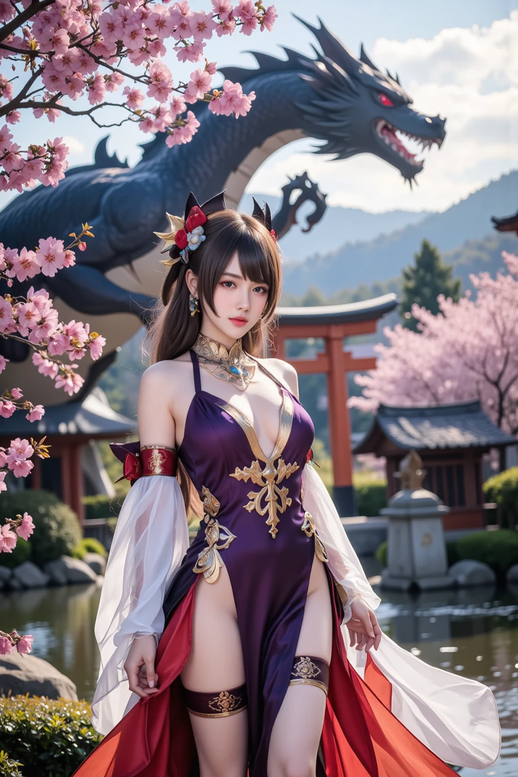 ((World of Darkness)),Professional , masterpiece、top-quality、photos realistic , depth of fields 、(sexypose)、(Black maple on the background of full bloom),(Ultimate Beauty)、A dark-haired、(shrine background)、(Kimono with beautiful pattern)、(Night background)、Beautiful hair ornament on the head、((Precipitous cliffs)),(Wear a beautiful kimono),(Wear a beautiful kimono with colorful floral patterns)、Jewel Gold Weapon、Particles of light),(Wearing a wizard's hat)、Gorgeous gold weapons ,Castle background、(( Gorgeous Dragon Sword)) , (a dark night),,(maikurobikini) 、((Black Haired Beautiful Girl))、(Castle background)、(demonic wings)、((Gangle's forest background))、Beautiful Caucasian beauty、1a person、dynamic ungle,(((Two devil's horns on the head)))、Smaller head、Idle Smile、Thin and beautiful female hands、Mystical expression、Light Effects、intense fighting、Wind-effect、magic circles、With the legendary magic wand、Dragon's tail、