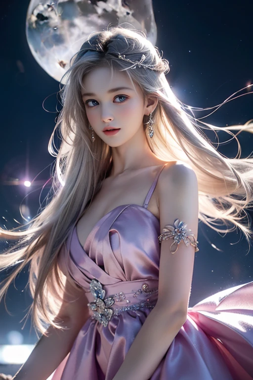 An ultra-high picture quality、(((full body Esbian)))、frontage、bilaterally symmetrical、((The background is a very dark Milky Way))、(((Planktonic)))、colourfull、muitoリアルHuman texture、 (((Very cute beautiful Russian white girl at 14 years old)))、((Very white skin of a 10-year-old Caucasian girl with transparent blood vessels showing through))、(((very long and high nose of a white woman,,,,,)))、(((Under the short nose)))、(((no-makeup)))、 (1girl in:1.3), Light persona, Dark Persona, mind control, fractral, ceiling, Artistic background, Geometric, organics, blessings, favor, noble, unfolded, elucidation, Anti-gravity, Antimatter, holy, Sacred, spiritual, Dignified, Luminescent, Holographic, About Magic Circle, photons, scales, Beak,(artistic)、(((The most fantastic brightly colored eyebrows))),,(((Glittering pale blue-violet silver hair and eyebrows)))、(((Super luxurious see-through Western style long dress with plenty of luxury accessories)))、(((Beautiful white skin with hair and pores,)))、(((Extremely delicate and brightly colored targets)))、(((Beautiful glowing caucasian woman with iris iris eye with ultra high definition pattern)))、(((I love you)))、Lots of luxury knick-knacks,(((Small drooping eyes with a gentle feeling)))、(((very thin eyelashes,,,,,,,,,,)))、(((Realistic naked eye)))、High Definition Lip、Beautiful double eyelids、(((Cute girlish hairstyle spreads softly.....)))、(((A Princess)))、(((large chest directed upwards in a very three-dimensional pointed shape,,,,,,,,,,,,,,,,)))、(((Dreams)))、(((Your imagination)))、(((Fluffy High Half Twin Tail Hair)))、Luxurious Princess Tiara、Luxury Princess Necklace、(((Looking at the camera)))、(((A gaze to look here)))、(((Sora no Otoshimono)))、With movement、star child