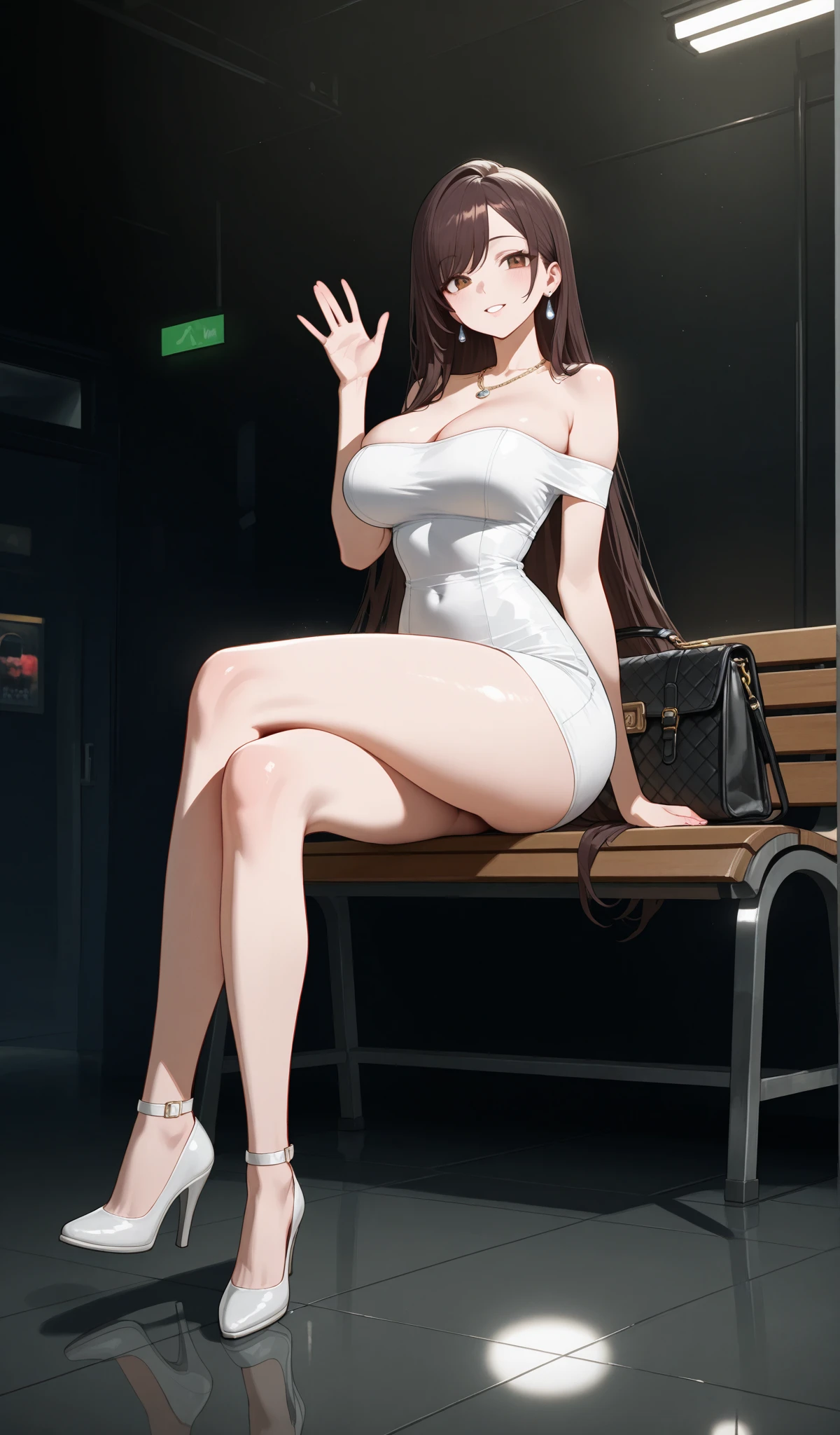 Nobara kugisaki,heels store,shop of heels,looking at heels,thinking face, white bikini, large breasts,looking at white heels with foot grip