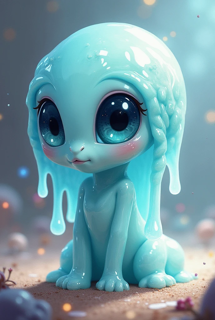 "A girl made of slime, with a mesmerizing blue slime texture, standing under studio lighting. The goo covering his body has a reflective surface that adds depth and dimension to the image.. The image is of the best quality, with ultra-detailed features that capture every intricate detail of the slime. The overall effect is realistic, with the slime looking almost real. The portrait style emphasizes the main focus of the image., showing off its unique shape and texture. The colors of the image are vivid, creating a visually striking contrast between the girl and the background. Studio lighting highlights the contours of the slime, creating shadows and highlights that add an extra layer of realism to the image."