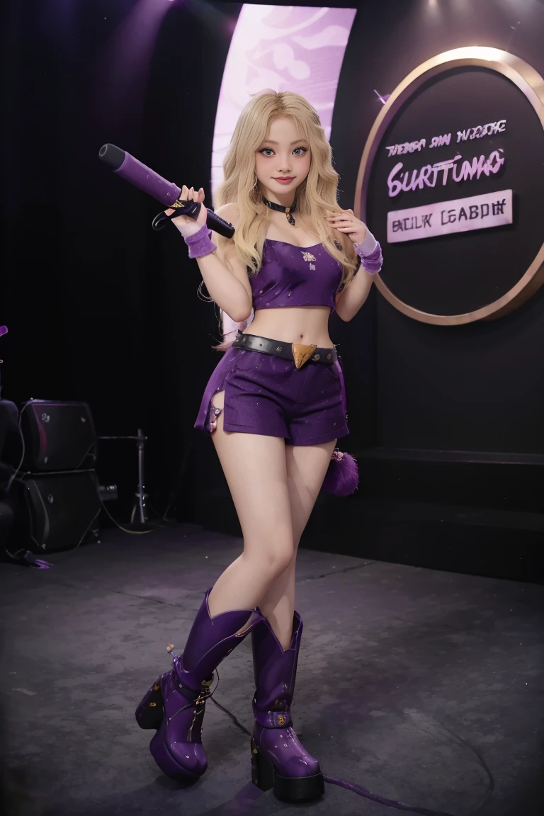 (masterpiece), (best quality), (high res) Solo, (perfect anatomy young girl (10 years old), tanned brown skin, light blonde hair (shoulder length), green eyes, (skin tight idol outfit), (blue high heels boots), (shirt), (super tight mini skirt), smiling, flat chest in a futuristic stage setting with a green light, cyberpunk, cyber suit, best anime 4k, cybersuits, singing to a big crowd of people, dog collar, pink lipstick, rabbit ears