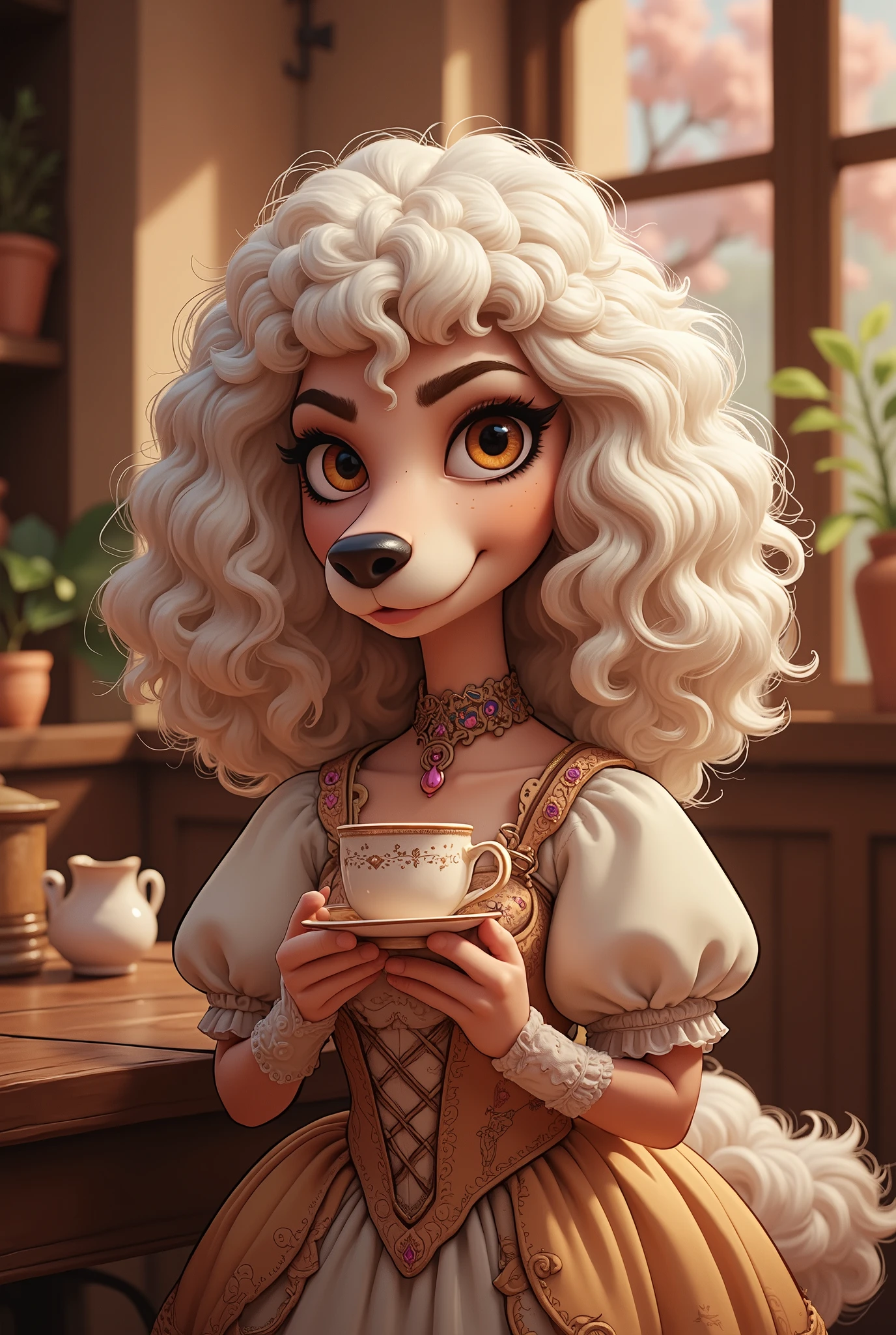 2-D art, cartoon style, old-school Disney, hand drawing, (best quality, masterpiece:1.2), side view, anthropomorphic, a Poodle dog with long white hair, wearing victorian dress, landlady, old lady, holding a cup of tea, 1890s style, noire, simple lines, looking to camera, serteuse look, big expressive eyes, (natural textile texture, soft light, sharp:1.2), (intricate details:1.1), bokeh