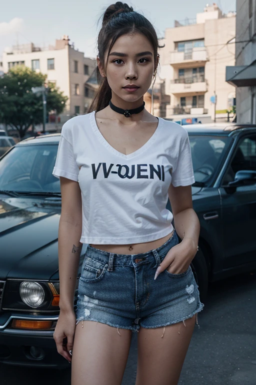 (1girl: 1.5), Large breasts: 1.7, Bare breasts: 1.4, Tan: 1.2, Dewy skin: 1.3, Sweaty skin: 1.1, Wavy blonde hair: 1.6, Punk t-shirt: 1, Punk girl: 1.1, Grunge aesthetic: 1.2, Rebel attitude: 1.3, Distressed jeans: 1.1, Tattoos: 1.2, Band tees: 1.1, Edgy accessories: 1.4, Intense eyes: 1.5, Bold lips: 1.
