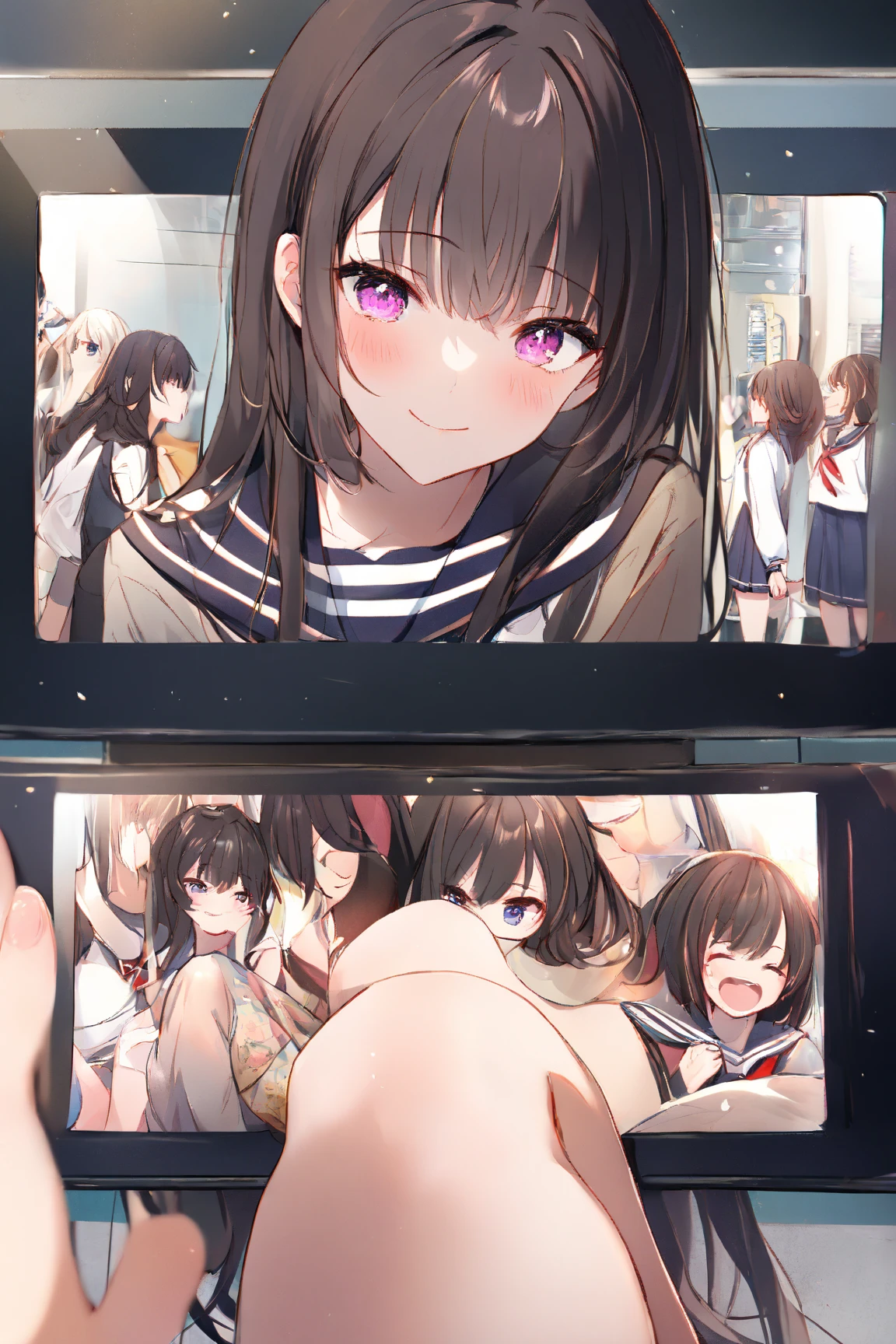 Recording Screen、Nudist girl riding on top of a person、A lot of close elementary school boys hugging each other、surround each other's face、(((Laughter and joy)))、in group photograph、group selfie school、Dynamic