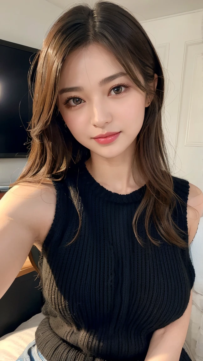 ((highest quality, 8k, masterpiece: 1.3)), 1 female, Japanese Mature,Sensual beauty: 1.3, (Hair style Brown hair Medium wave, big: 1.2), Relaxed loungewear: 1.1, Super slender face, Delicate eyes, double eyelid, Dimples,Mole, Home,relax,smile,Plump body,
