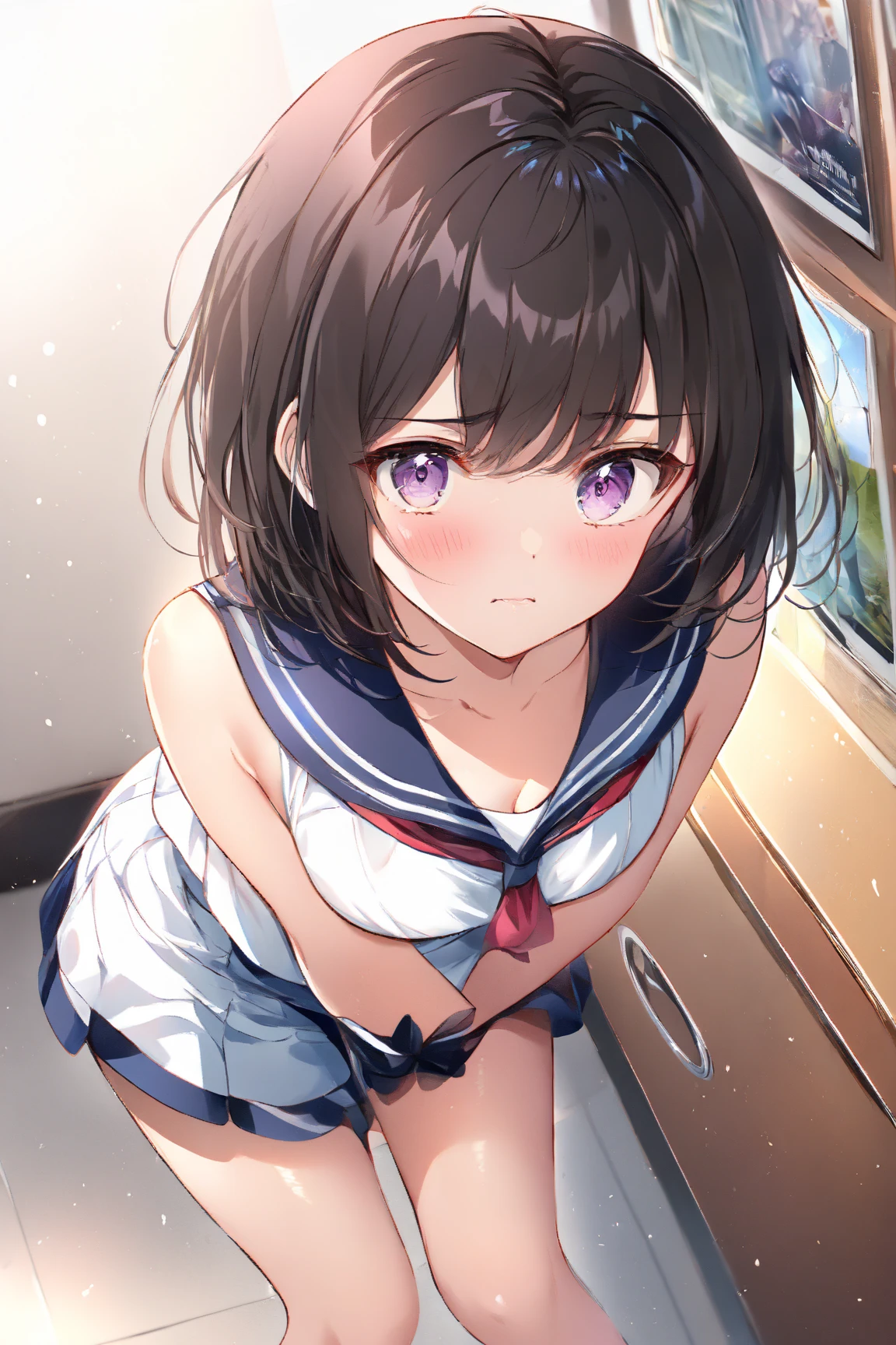 (best quality), (Super detailed), (Best Illustration), (nsfw), (1woman), (Ahegao:1.2), look at viewer, (white serafuku), (large breasts), {brown hair, (bob cut:1.2), curly hair, hairs between eyes}, {(detailed eyes), twinkle(in the eyes), blue eyes}, sweat, steam,