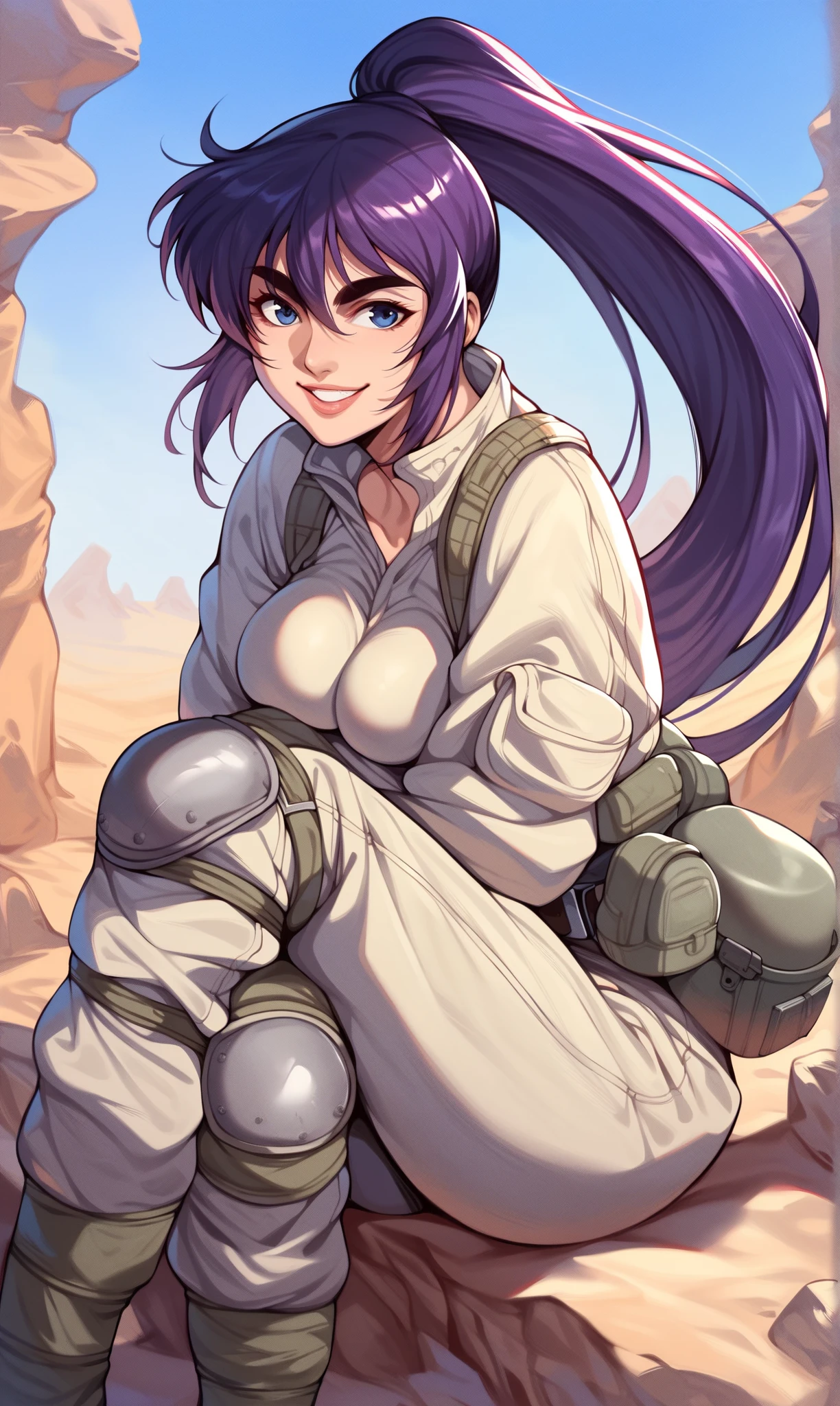 Long dark purple hair, Sexy girl, lean, thick thighs, biceps, ripped abs, purple tunic, big breasts, wearing pink baggy trousers, blushing , gold belt, huge hips, sexy body, lots of freckles, tan, sexy face, hat on head, hot face , beautiful face, perfect sleepy eyes, wearing black straps on baggy trousers, sweaty abs, sexy figure, adult, sexy, huge hips , wearing purple scarf, pink bikini top, short girl, standing ,sexy body , wearing many neckless, holding trousers up, wide body, holding hips, long hair, perfect arms, brown eyes, looking down, very sweaty, sweating, very tired, yawning, in the sandy desert, exhausted, sexy, abs bursting out, tanned, 6 pack abs, silver belt, 1 girl, biceps, brown eyes, wearing tunic , wearing hat, gold bracelets on arms