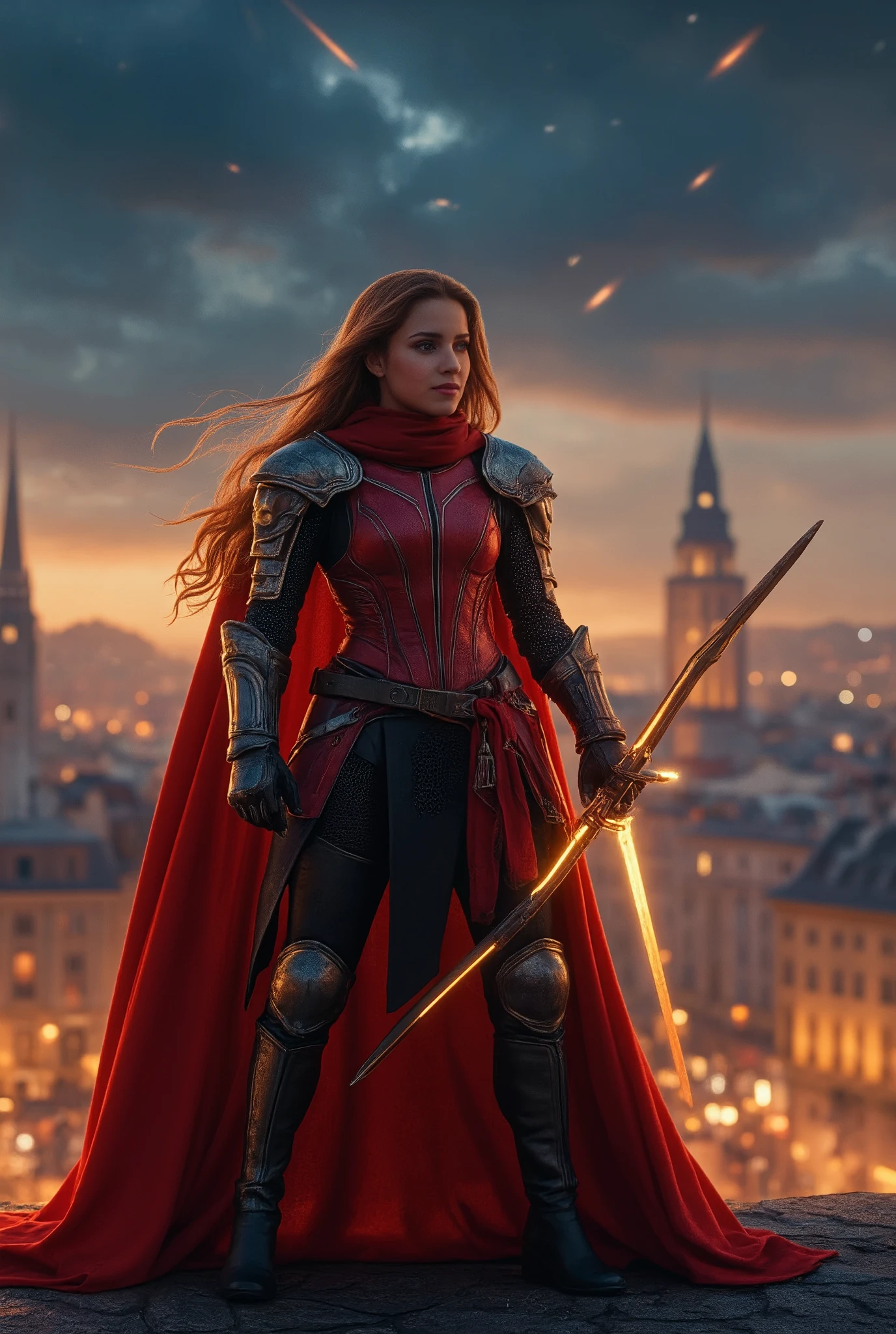 (Representative works、4K resolution、Super Real、very detailed)、(『Knight of the Constellation』theme、Charisma、The Girl at the Top of the City、Sagittarius Knight in Red Armor and Black Outfit、She's a Superhuman Hero)、((20 years old)、(Long chestnut hair :1.2)、full body、(Knight Costume)、( battle pose)、 Shoot Her Powers )、(( European Urban Environment ):0.8)|(cityscape、 night view、 DYNAMIC LIGHT )、(Meteor Shower))