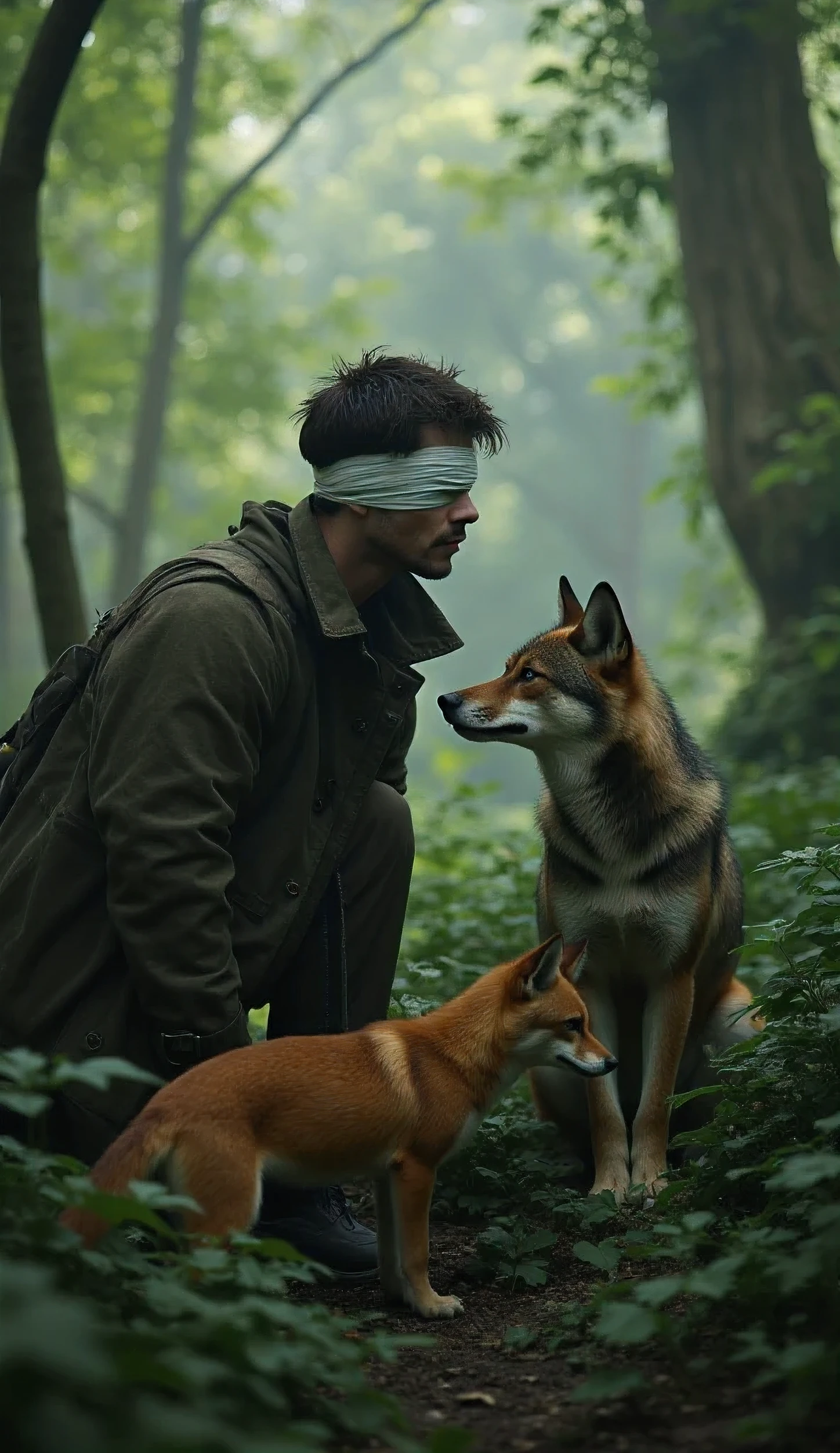 a lone man in the jungle with an alpha wolf and a fox, the man's face bandaged, eyes closed, detailed, cinematic lighting, dramatic atmosphere, realistic, photorealistic, 8k, masterpiece
