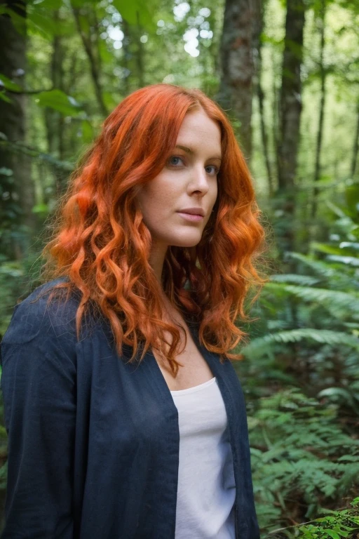 serious woman, Red hair , shy, sehr lange Red hair, wears a strict blouse, Bluse bis oben buttoned up, visible buttons on the blouse, ,Sleeve style suit, fullbody, perfect, other pose, buttoned up, serious clothing style, Business Woman, in forest, wide angle, Kragen buttoned up, strictly dressed, tightly zipped shirt, buttonGap, Photo on the beach, --ar 1:1 -- in 5.2