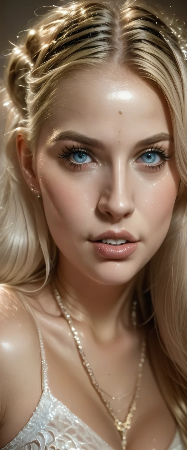 woman pretty, blonde, slicked back with bunhair, blonde hair , big breast,  sexy, pale skin , eyeliner ,white skin,foxy eyeliner , makeup ,pale woman painting, beautiful light deep focus, elegant, digital painting, smooth, dramatic lighting , 8k, art , black background,black background, black wallpaper