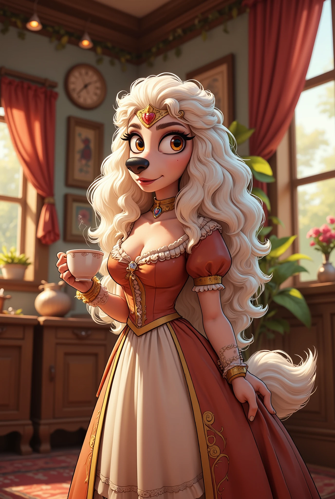 2-D art, cartoon style, old-school Disney, hand drawing, (best quality, masterpiece:1.2), side view, anthropomorphic, a Poodle dog with long white hair, wearing victorian dress, landlady, old lady, holding a cup of tea, 1890s style, noire, simple lines, looking to camera, serteuse look, big expressive eyes, (natural textile texture, soft light, sharp:1.2), (intricate details:1.1), bokeh