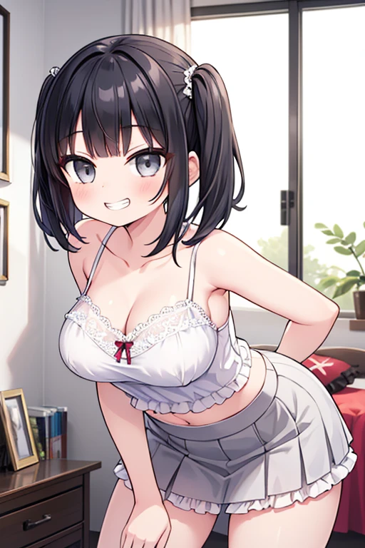 (NSFW:1.2),(masterpiece:1.2), (Highest quality),(Open your mouth)、front、 whole body, Beautiful Skin, Super fine, Highest resolution、(Sunburn:1.2)、(Black Hair:1.4)、(Short Hair:1.2)、blue eyes、(indoor)、(Squat:1.2)、Patsun Hair、(blush:1.1),(Realistic), 1 girl, Laugh with your mouth open、A scornful smile、(Navy Blue Skirt:1.1)、(Hair Clip:1.1)、(Two Side Up:1.2)、choker、(Black knee socks),(Cleavage:1.1)、Budding breasts、Rocket 、Firm breasts、Heart symbol、Lolita、Brat、(Lolita:1.3)、Baby Face、Young face、(White panties:1.2)、Zaako、Brat系、(View from below:1.1)、Spread your leg-shaped legs、topless、(Loli Big Tits:1.3)、(Sailor suit)、Open chest、(White polo shirt)