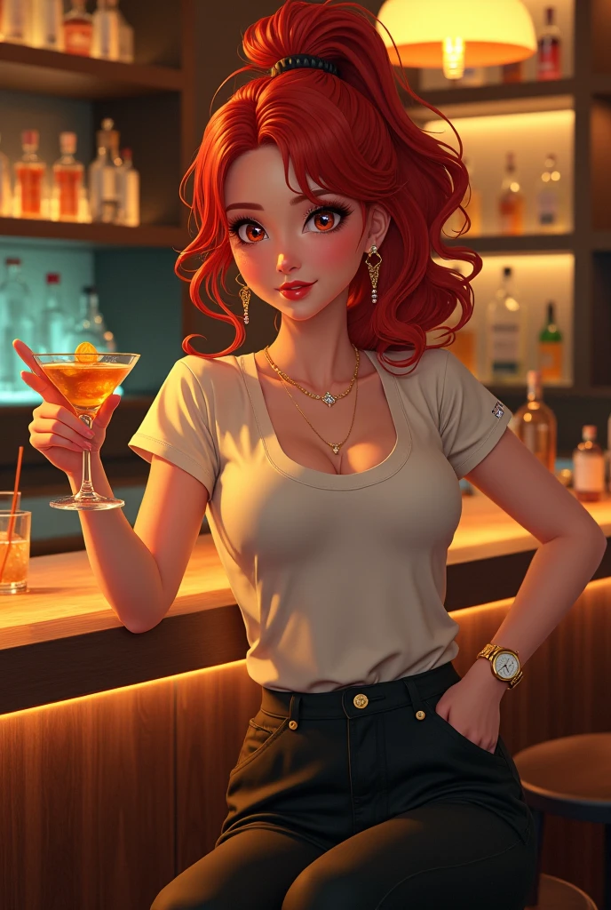 best quality, expressive eyes, perfect face, a young model in a pub. She is wearing lingerie. average height, long red hair, white and delicate skin, green eyes with brown spots, oval face, unforgettable smile, sweet and bright smile, raised corners of the mouth, seductive smile. perfection, cinematic, intricate, insanely detailed, niji style, vray tracing, global lighting, HDR, 32k, ponytail, elegant makeup, thot, shiny skin, sexy pose