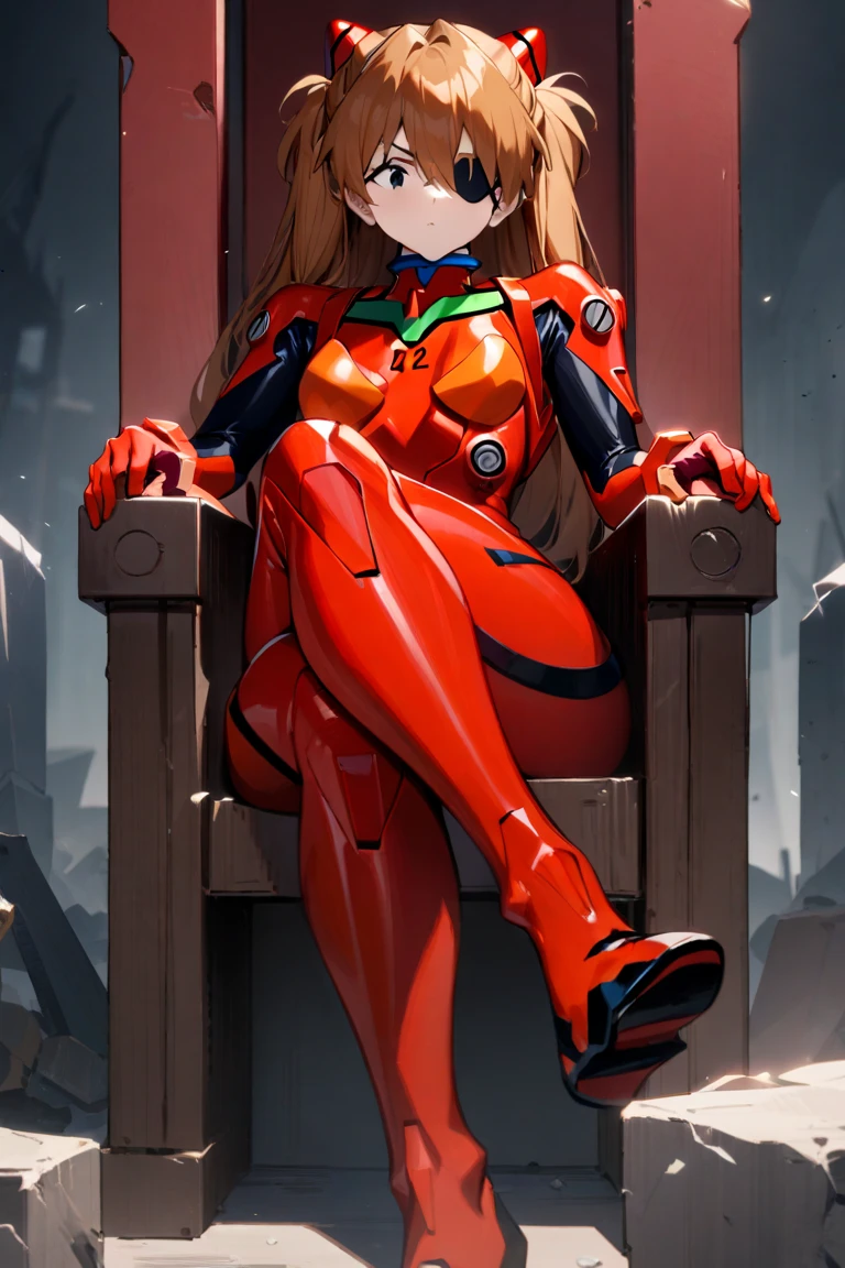 Japanese cartoons,1 girl,Soryu Asuka Langley,Neon Genesis Evangelion,Neon Genesis Evangelion的重建,spear,Cat hat,Plug set,pilot suit,red jumpsuit,sitting,legs crossed,dark circles,throne,look down,from the bottom,looking at the audience,outdoor,masterpiece,best quality,very aesthetic,Ridiculous,