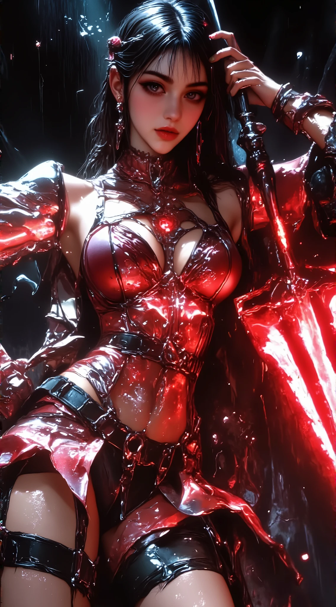 masterpiece, (Realistic:1.5), Highest quality, Beautiful lighting, fantasy, a girl, (only solo people ), 2 or more people NG, human, (perfect anatomy, perfect arms, perfect hands, perfect legs) , girl(human face, human body, dragon  wing, dragon  tale), , beautiful , perfect face,  large breasts , Cleavage, Slim waist, curvy, smile, , head tilt, stand alone, full-body, red bondage armor, great sword,  , dynamic angle, Attention to detail, Sharp focus, dramatic, (RAW Photos, 8K Ultra HD, Film Grain), Caustics, Scattered beneath the surface, reflection