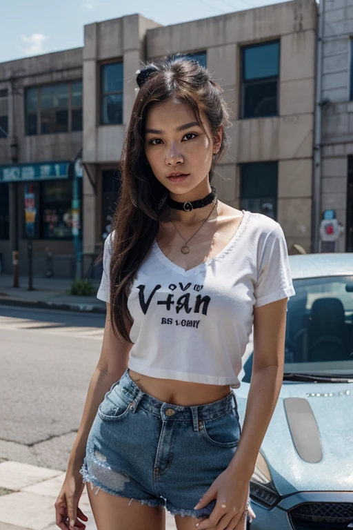(8k, Ultra high resolution:1.1) Nguyen, Thai Vietnamese girl, Age 16, white t-shirt, Cropped waist shirt, tight shirt, Navy blue jeans, Streetside restaurant backdrop, Beautiful, flawless skin, And long black hair is highlighted in the high-resolution image.. Lively street food stalls, lively atmosphere., creating a visually captivating representation, (The background is blurred.), (Smooth skin),