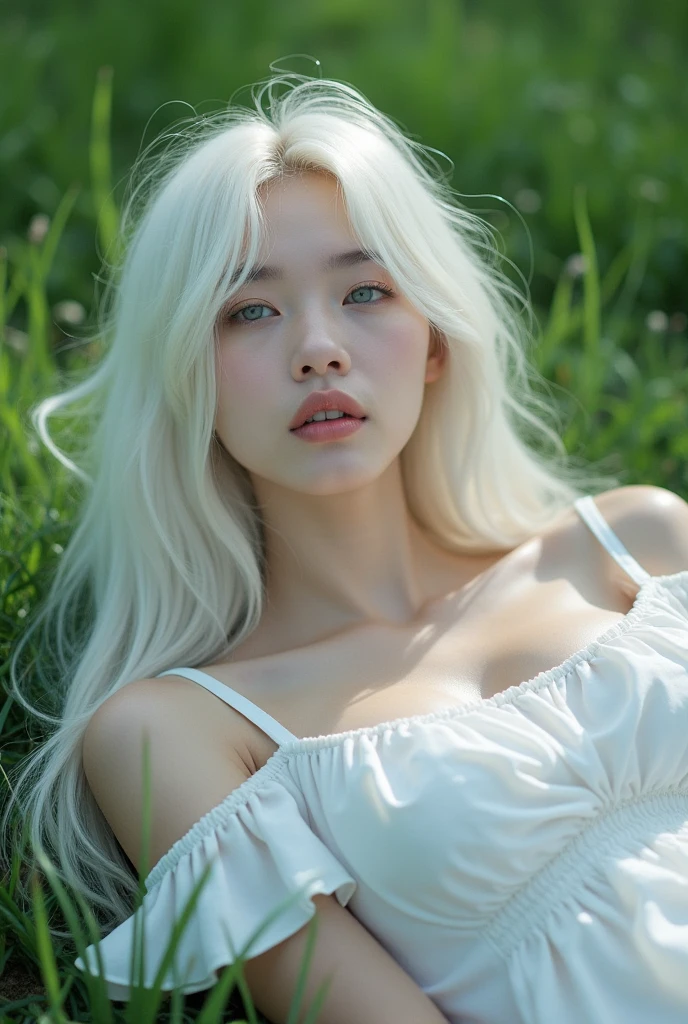 Long-haired, white-haired Korean woman, beautiful face showing her cleavage, wearing casual clothes in a flower garden. Surrealistic style, pastel tones, mid shot, dramatic lighting.