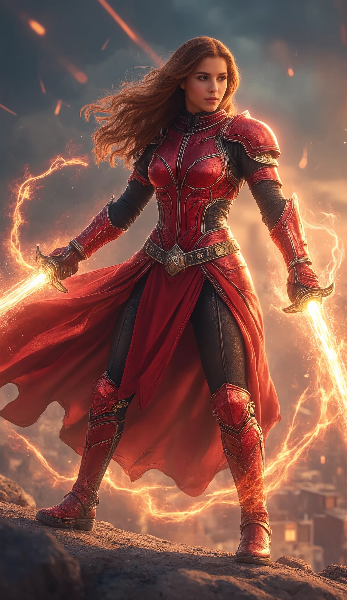 A woman in a red outfit holding a sword standing on a rock - SeaArt AI