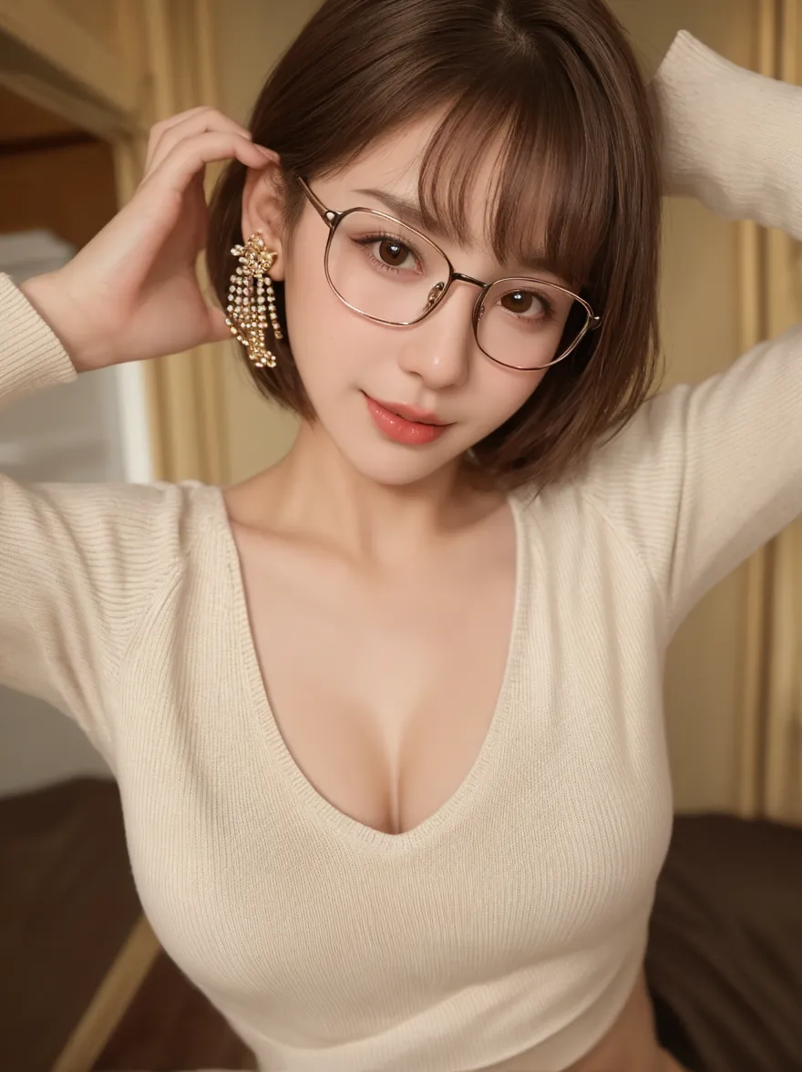 Beautiful and fair、Glowing Skin, 3 Up, nice, bright, Refreshing and gentle look, Perfect beautiful face、Beautiful shiny bangs, A very beautiful person, eyeliner, Very perfect eyes,Very large breasts,The original skin is visible through the grooves,Muscular body,Light Khaki Yoga Wear,Upper Body,Silver glasses