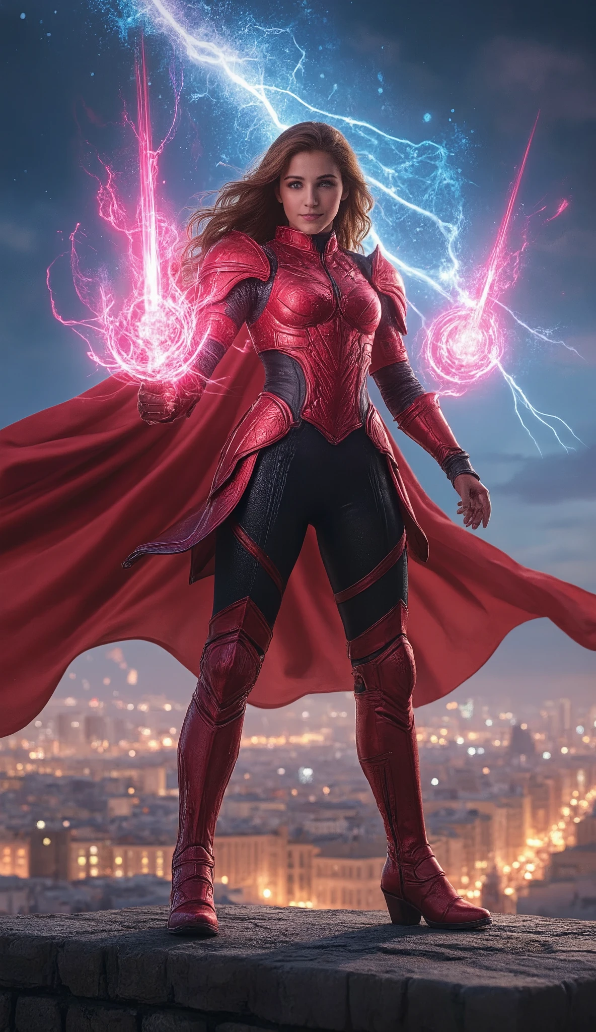 (Representative works、4K resolution、Super Real、very detailed)、(『Knight of the Constellation』theme、Charisma、The Girl at the Top of the City、Sagittarius Knight in Red Armor and Black Outfit、She's a Superhuman Hero)、(20 years old)、(Long Chestnut Hair:1.2)、full body、(Knight Costume)、( battle pose)、 Shoot Her Powers )、(( European Urban Environment :0.8)|(cityscape、 night view、 DYNAMIC LIGHT )、(Meteor Shower))