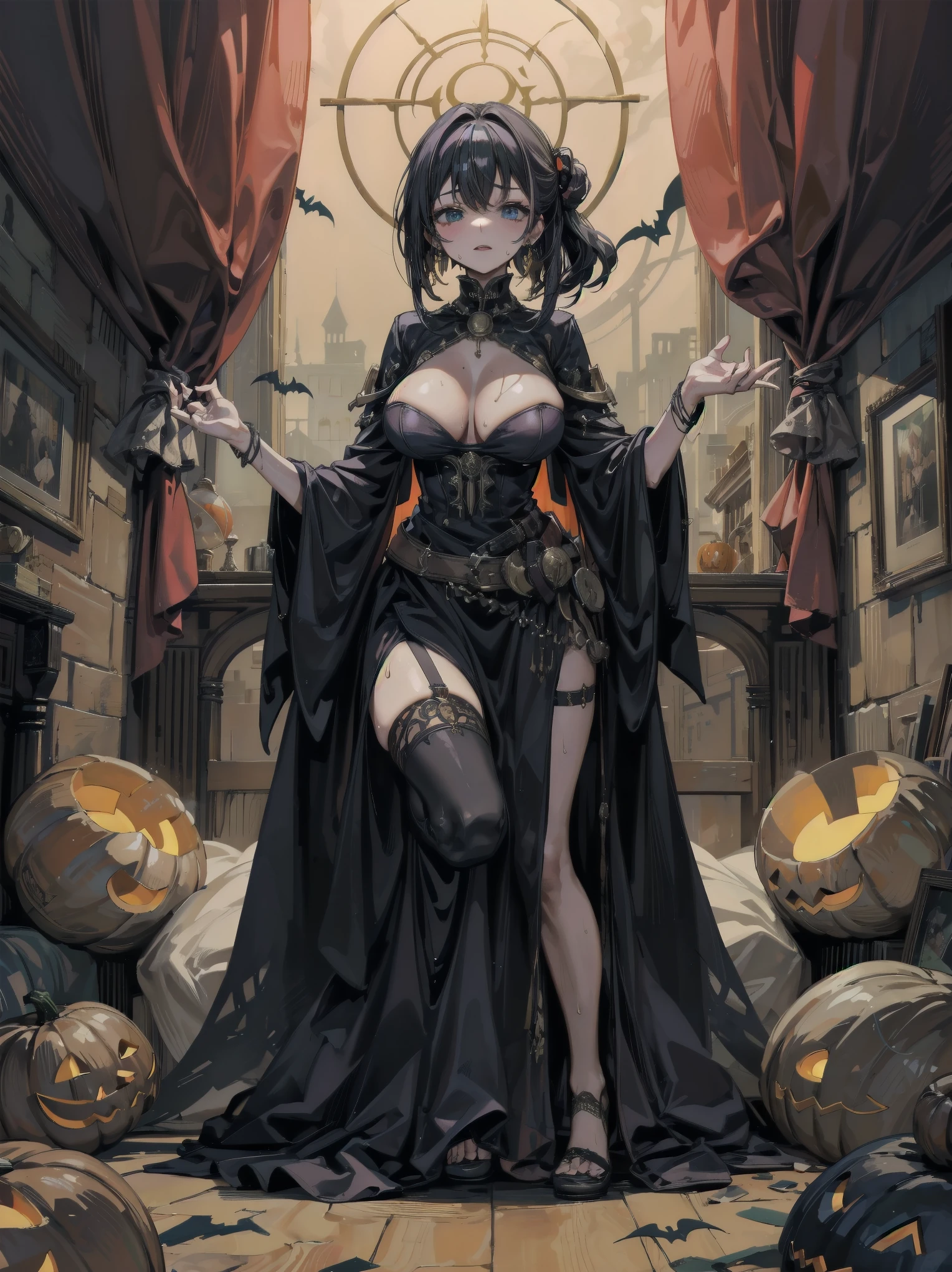 1Punk and mature goth milf, (see-through mesh lowleg panties(dirty white panties)) pulled down on her right side, sexy, skulls and flames, vampire, open legs, legs spread wide open, busty, curvy hips, pubic hair
