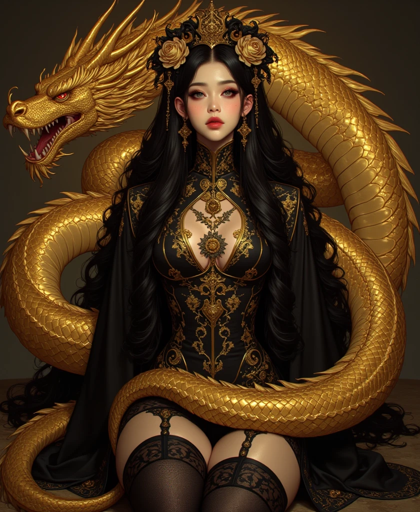 there is a schoolgirl in a black and white dress with a snake on her head, the dragon girl portrait, a beautiful fantasy empress, ruan j i a and art germ, r o s s t ran 8 k, w lop and r o s s t ran, r os s tran and wlop, 4 k detail fantasy, i u lee ji- eun as a super villain, unreal engine render + a goddess（（（schoolgirl）））araffe schoolgirl in a gold dress posing next to a large dragon,schoolgirl, masayoshi suto and artgerm, the dragon girl portrait, realistic young gravure idol, 8 k artgerm bokeh, young sensual schoolgirl idol, schoolgirl live-action movie, schoolgirl goddess, a beautiful fantasy empress,((goddess))