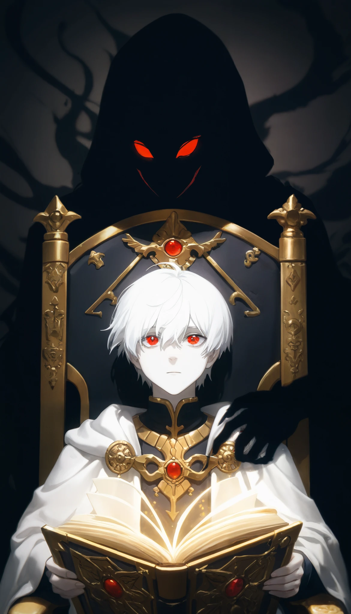 Close up portrait of an albino boy in a wheelchair,a golden magic book floating and shining before his eyes,white hair,beautiful and perfect face,natural beauty,red eyes,dead shadow behind,clutching the chair and close to his shoulder,black shadow of death behind,smoky shadow,terrifying shadow looking at the book with a terrifying expression,runed background ,back of a crypt,Ritual altar,masterpiece background,la mejor calidad,newer,absurdres,highres