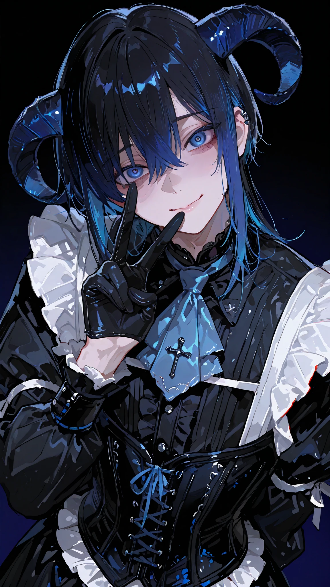 Male focus,Best Quality, Masterpiece, adult male, (8K, Best Quality, Masterpiece:1.2), Ultra Highres, Intricate Details, Gothic, 1boy, (beautiful face:1.2), frilled shirt, corset, bondages, simple background, bob hair, puffed sleeves, solo, black shirt, mullet hair, punk, Prince, androgynous, Gothic, blue eyes, goat horns, black hair with blue hair tip highlight, half palm gloves, Blue Layered Cascading Ruffles Jabot Tie, dark blue lining, masterpiece, best quality, 748cmstyle. 1boy, from above, :), (blood on clothes:1.1), v, simple background, yandere, 