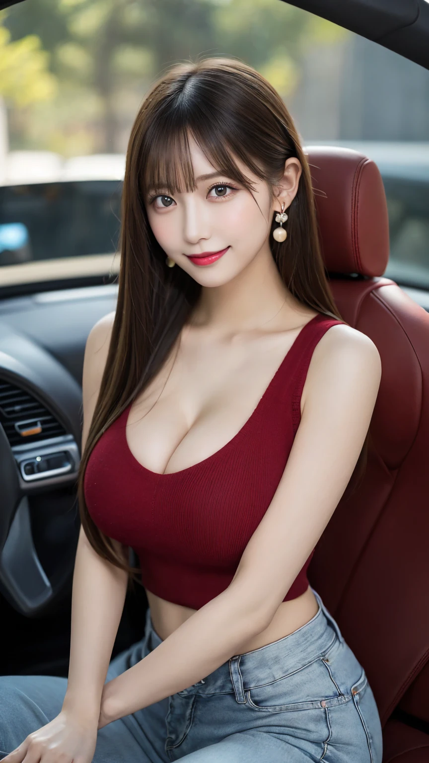 Masterpiece, the best_quality, 1 girl, big breasts, sitting in a luxury car, The background is a luxury mansion., Wear a dress that reveals a lot of the bust., open shoulder,