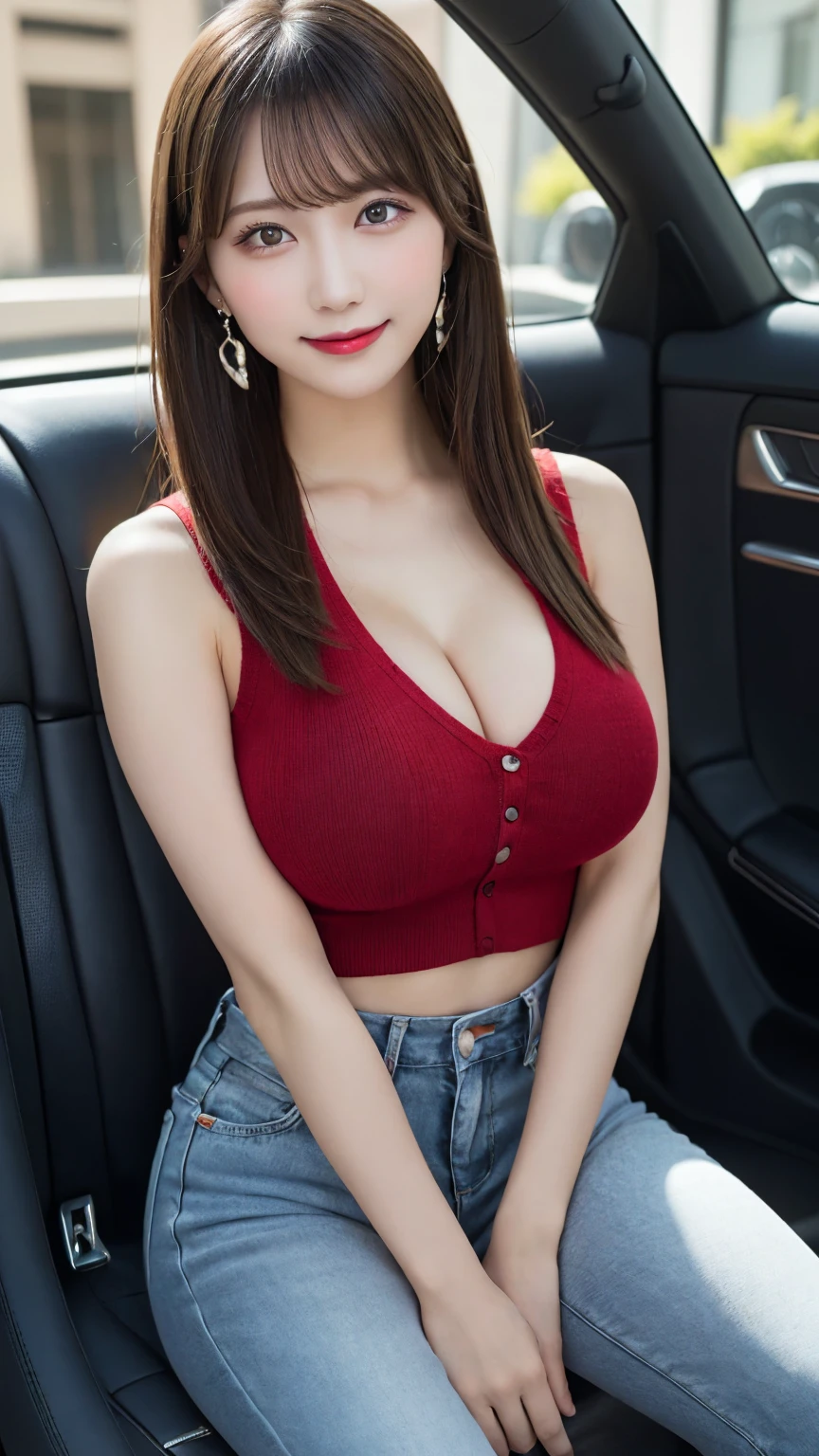 1girl, (Blue Eyes), angry, (Sana Minatozaki), (close-up at tits :1.3), wide hips, Big Boobs, big ass, (Best Quality, 8k, Masterpiece: 1.3), Clear Focus: 1.2, Perfect Body Beauty: 1.4, Slender Abs: 1.2, Highly detailed face and skin texture, detailed eyes, double eyelids, red lips, (blonde long hair), (red cleavage tanktop), (rip jeans), selfie, in the street