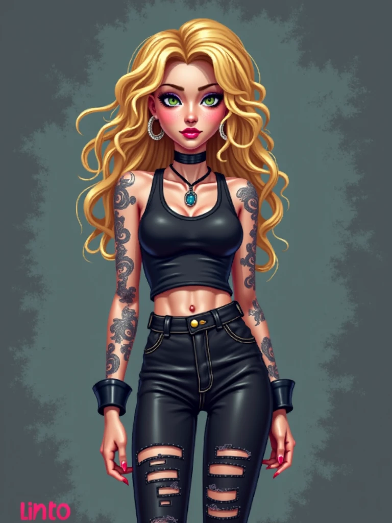 Full body. Disney princess. A young woman ilustration on her 20's with long blond hair and blue eyes. punk clothes (purple,and balck). rock style
