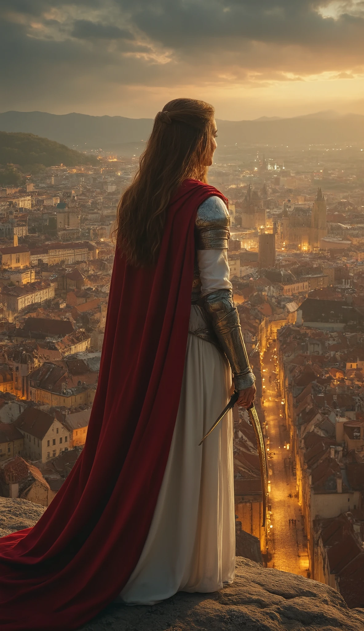 (Representative works、4K resolution、Super Real、very detailed)、(『Knight of the Constellation』theme、Charisma、中世ヨーロッパのcityscapeを見下す、The Girl at the Top of the City、Sagittarius knight in white armor and red costume looking down on medieval European streetscapes、She's a Superhuman Hero)、(20 years old)、(Long Chestnut Hair:1.2)、full body、(Knight Costume)、( battle pose)、 Shoot Her Powers )、(( European Urban Environment :0.8)|(cityscape、 night view、 DYNAMIC LIGHT )、(Meteor Shower))