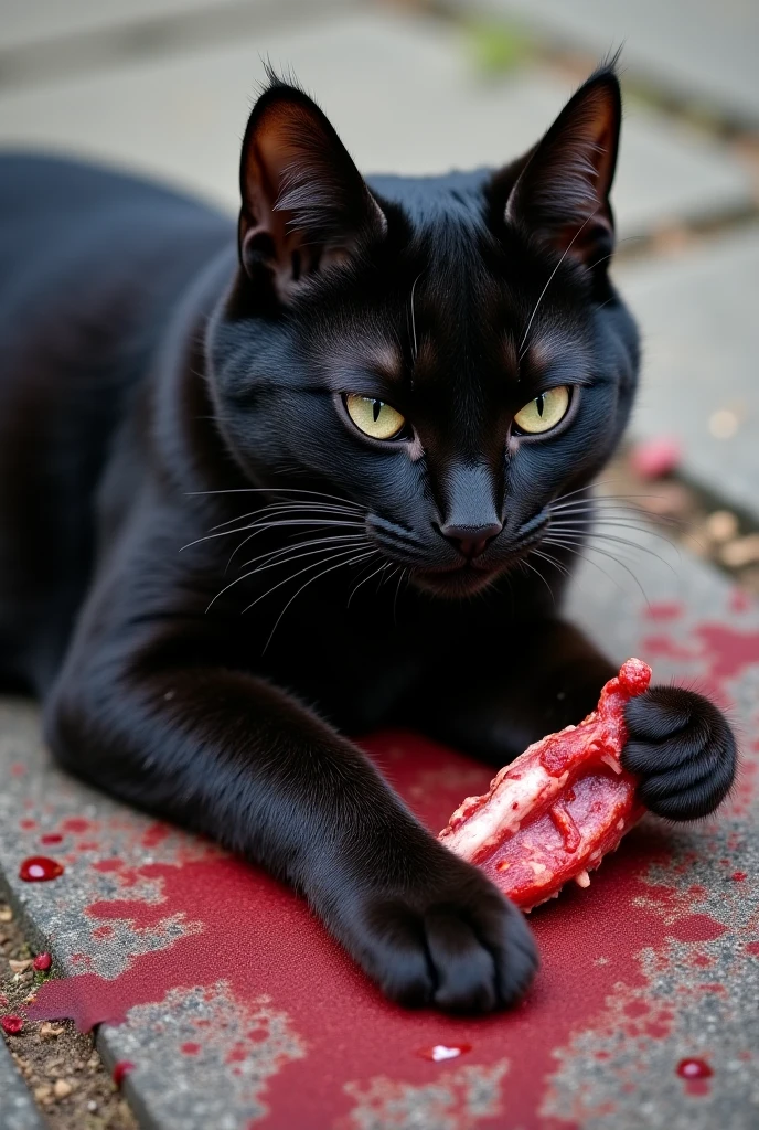 black and white cat at front doorstep behind a bloody tongue on the ground