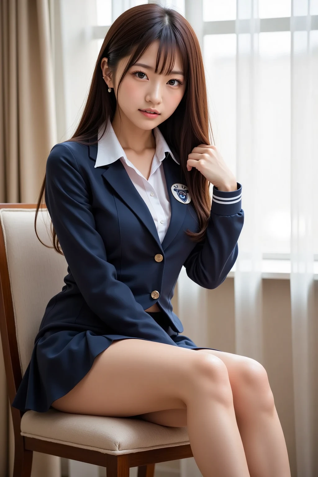 Dark blue high socks majicMIX Real、(Raw photography:1.2)、(Photorealsitic:1.4)、The beauty of beautiful details and delicate facial expressions、a blond、((Panties are visible))(Squatting panty shots)piercings Lashes beatiful detailed eyes、huge filesize、ultra-detailliert、hight resolution、Transcendent beauty top-quality、masterpiece、、(Japanese girls' high school uniform))、Very detailed expression Magnificent、finely detail、Highly detailed face movie lighting、17 years old girl、front facing、((dynamicposes)))、(Sitting on legs with bent knees))、pleatedskirt、blazers、Sexy upper eyes、Panties、Cowgirl、dildo、