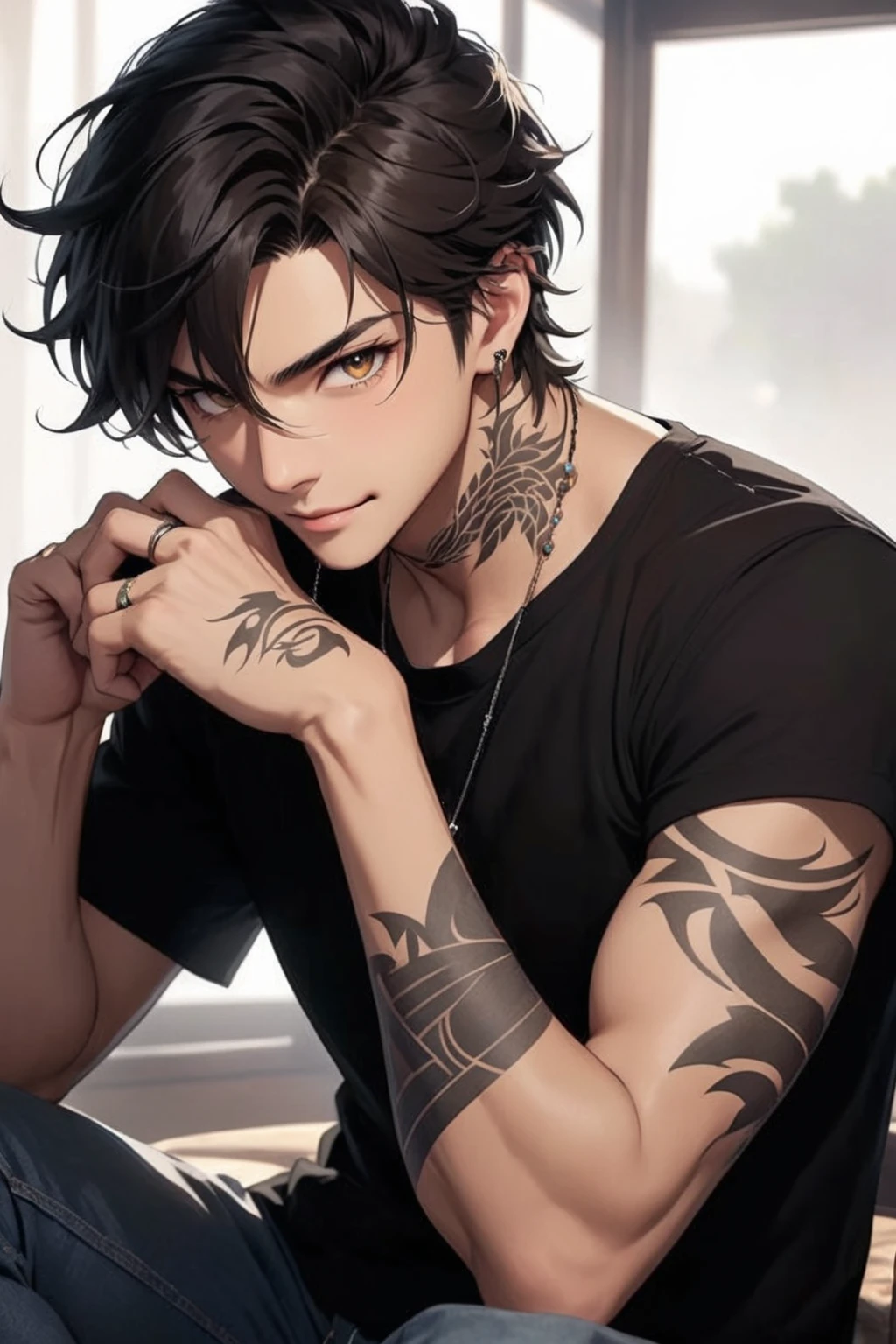 Kpop Boy with tattoo, black hair, fade cut, poser, sitting, outside street