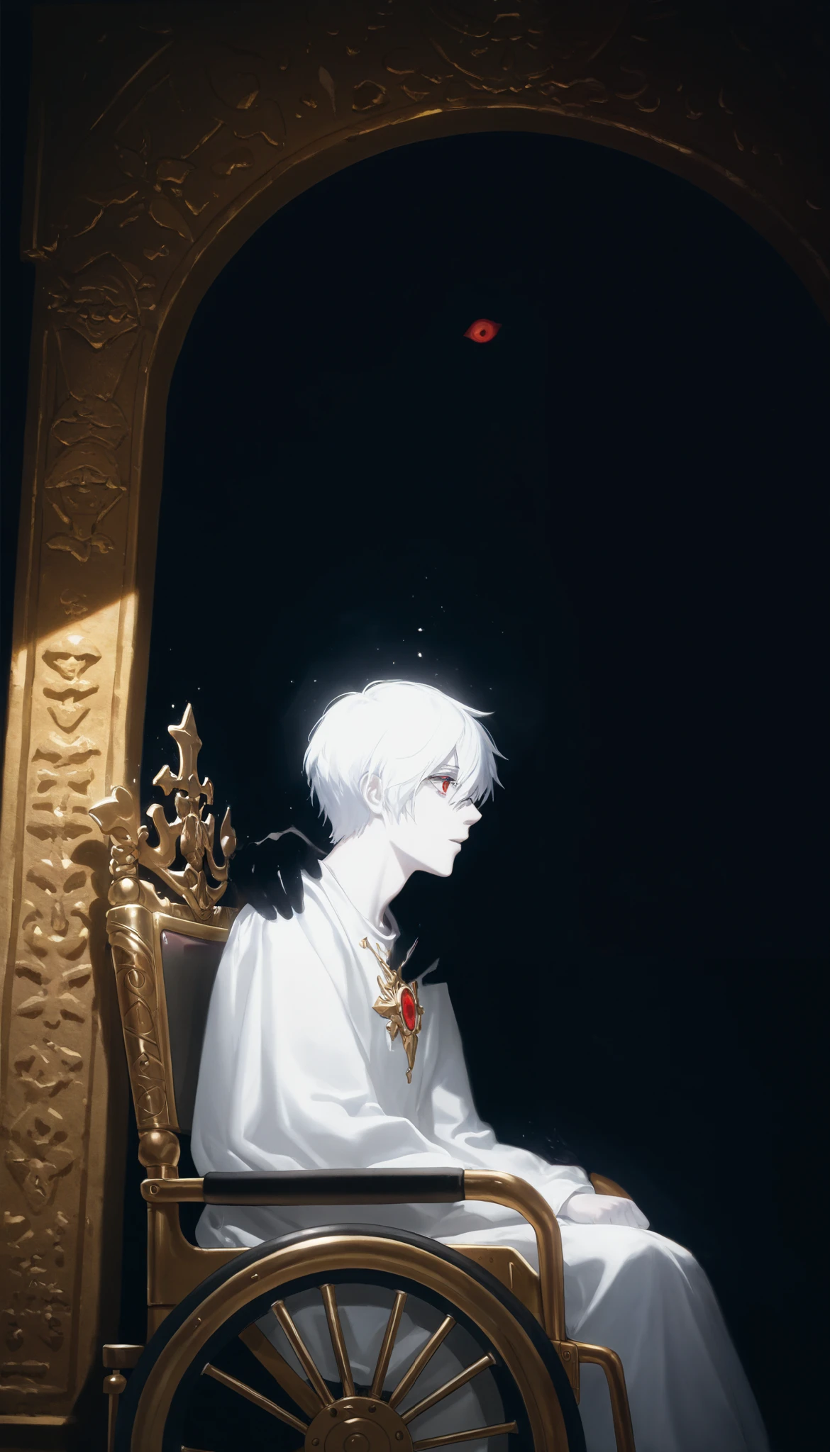Close up portrait of an albino boy in a wheelchair,a golden magic book floating and shining before his eyes,white hair,beautiful and perfect face,natural beauty,red eyes,dead shadow behind,clutching the chair and close to his shoulder,black shadow of death behind,smoky shadow,terrifying shadow looking at the book with a terrifying expression,runed background ,back of a crypt,Ritual altar,masterpiece background,la mejor calidad,newer,absurdres,highres,(from side:1.2)